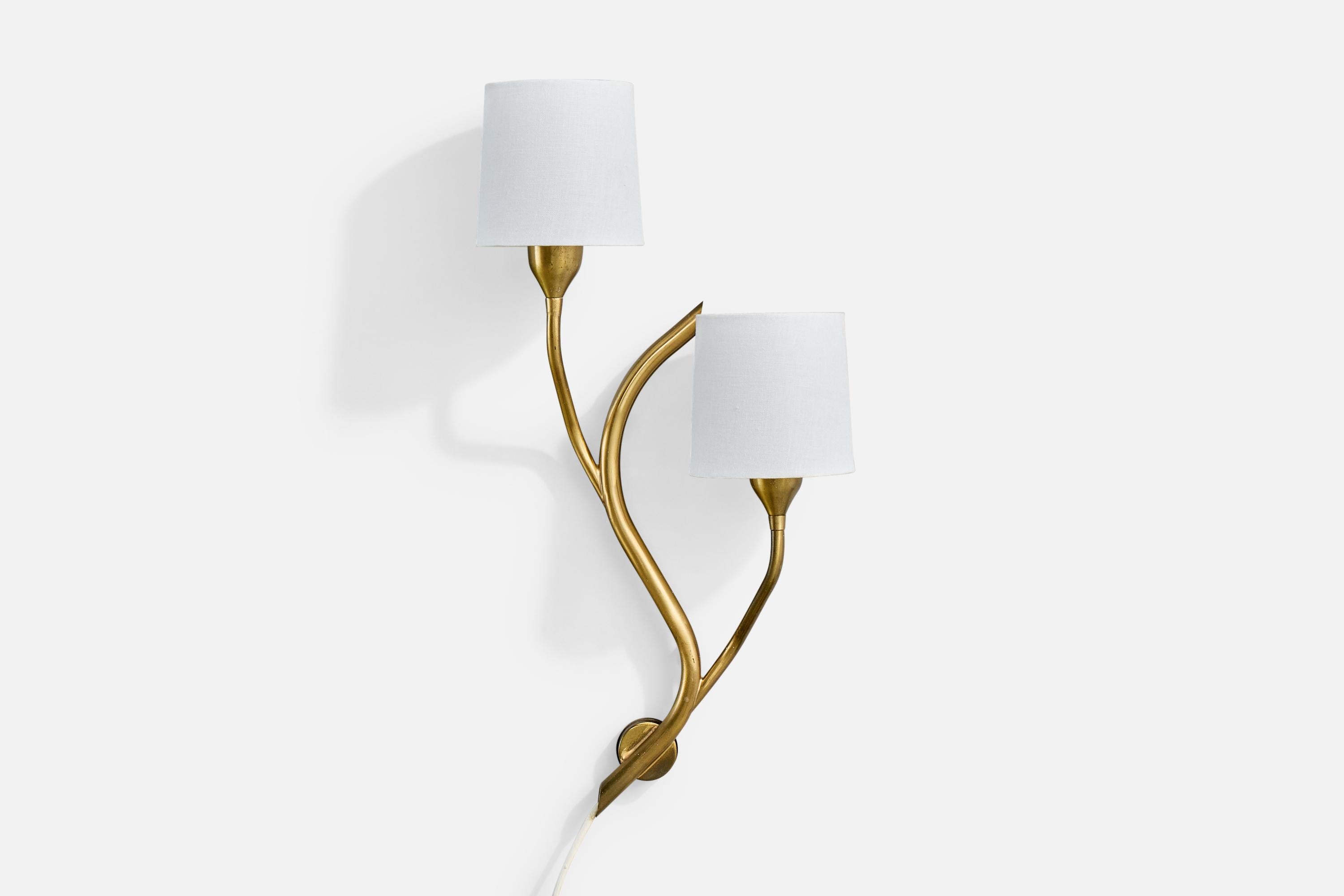 Norwegian Astra, Wall Lights, Brass, Fabric, Norway, 1950s For Sale