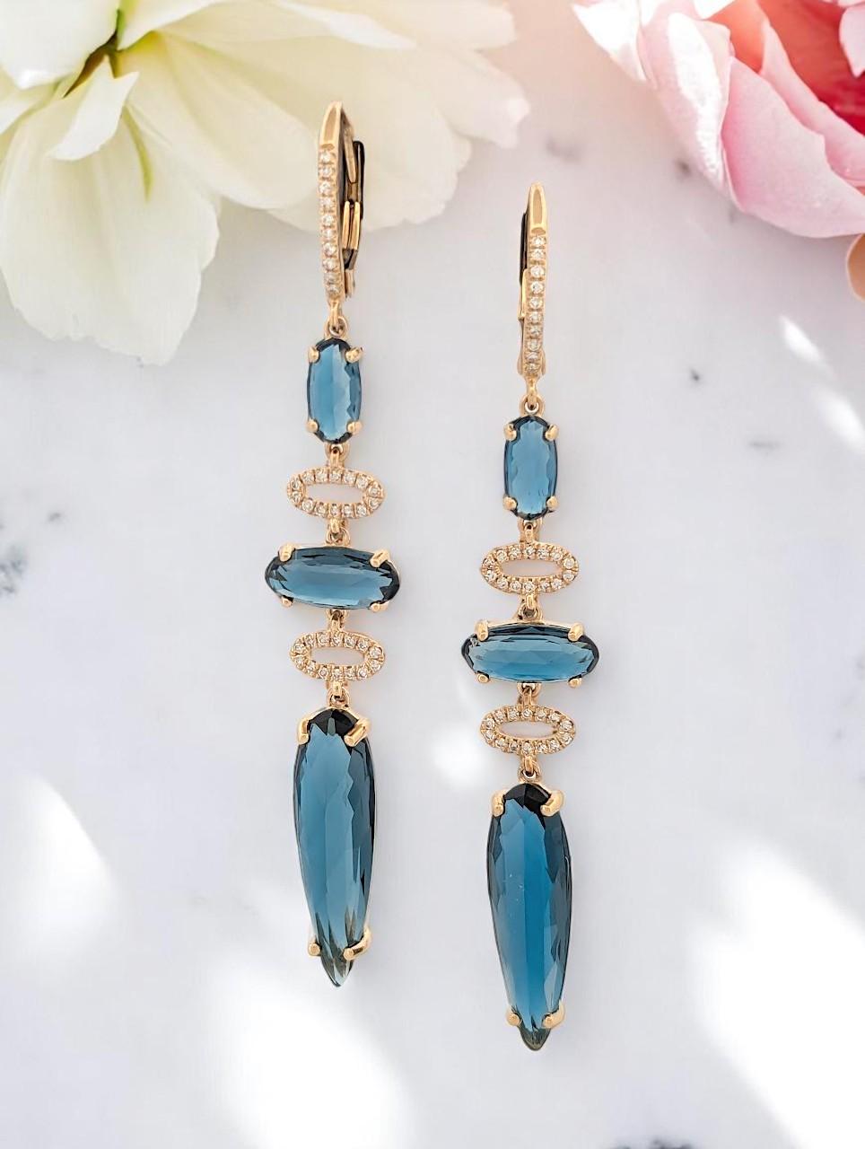 Pear Cut Astraea 14k Gold Earrings – 10.37ct London Blue Topaz & 0.16ct Diamond Leverback For Sale