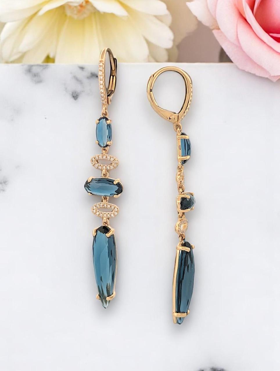 Astraea 14k Gold Earrings – 10.37ct London Blue Topaz & 0.16ct Diamond Leverback In New Condition For Sale In Greeneville, TN