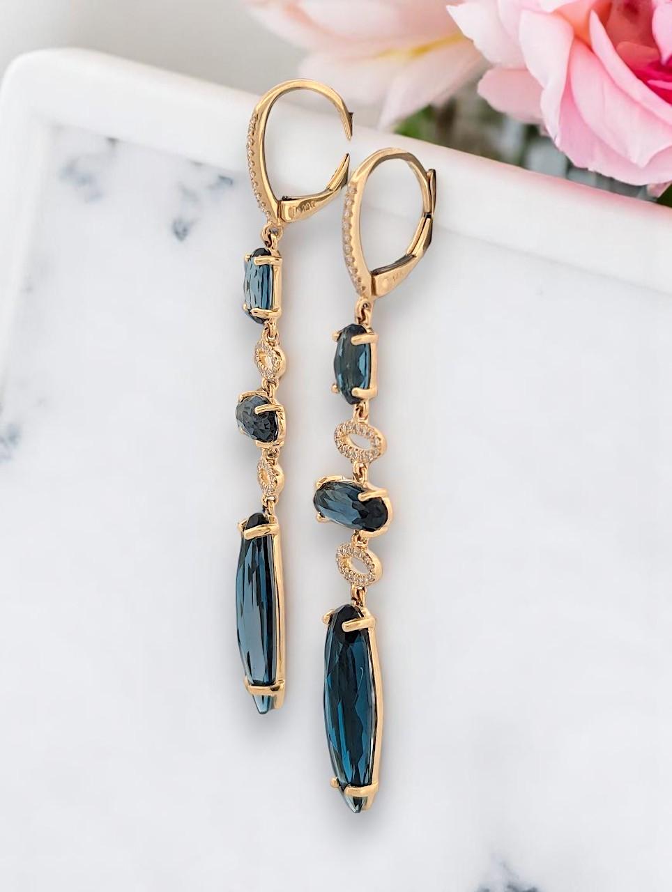 Women's Astraea 14k Gold Earrings – 10.37ct London Blue Topaz & 0.16ct Diamond Leverback For Sale