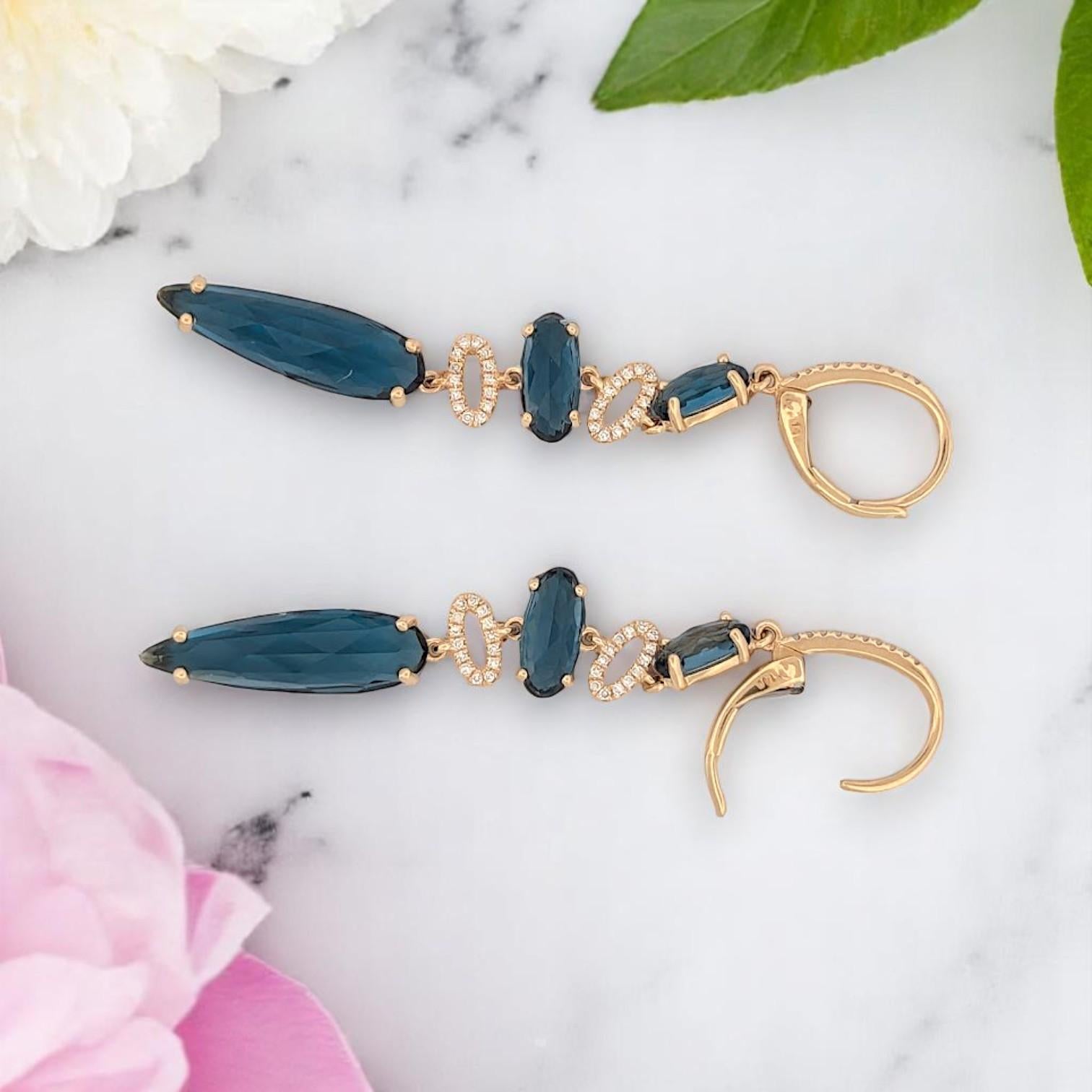 Astraea 14k Gold Earrings – 10.37ct London Blue Topaz & 0.16ct Diamond Leverback For Sale 1