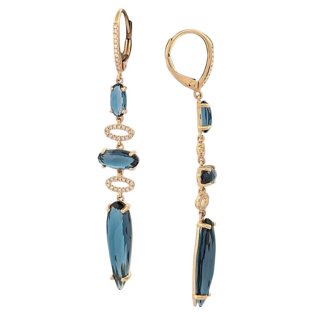 Astraea 14k Gold Earrings – 10.37ct London Blue Topaz & 0.16ct Diamond Leverback For Sale