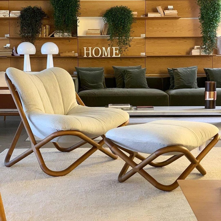 Astral Brazilian Contemporary Wood and Leather Easychair and Pouf by