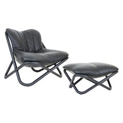 Astral Brazilian Contemporary Wood and Leather Easychair and Pouf by Lattoog