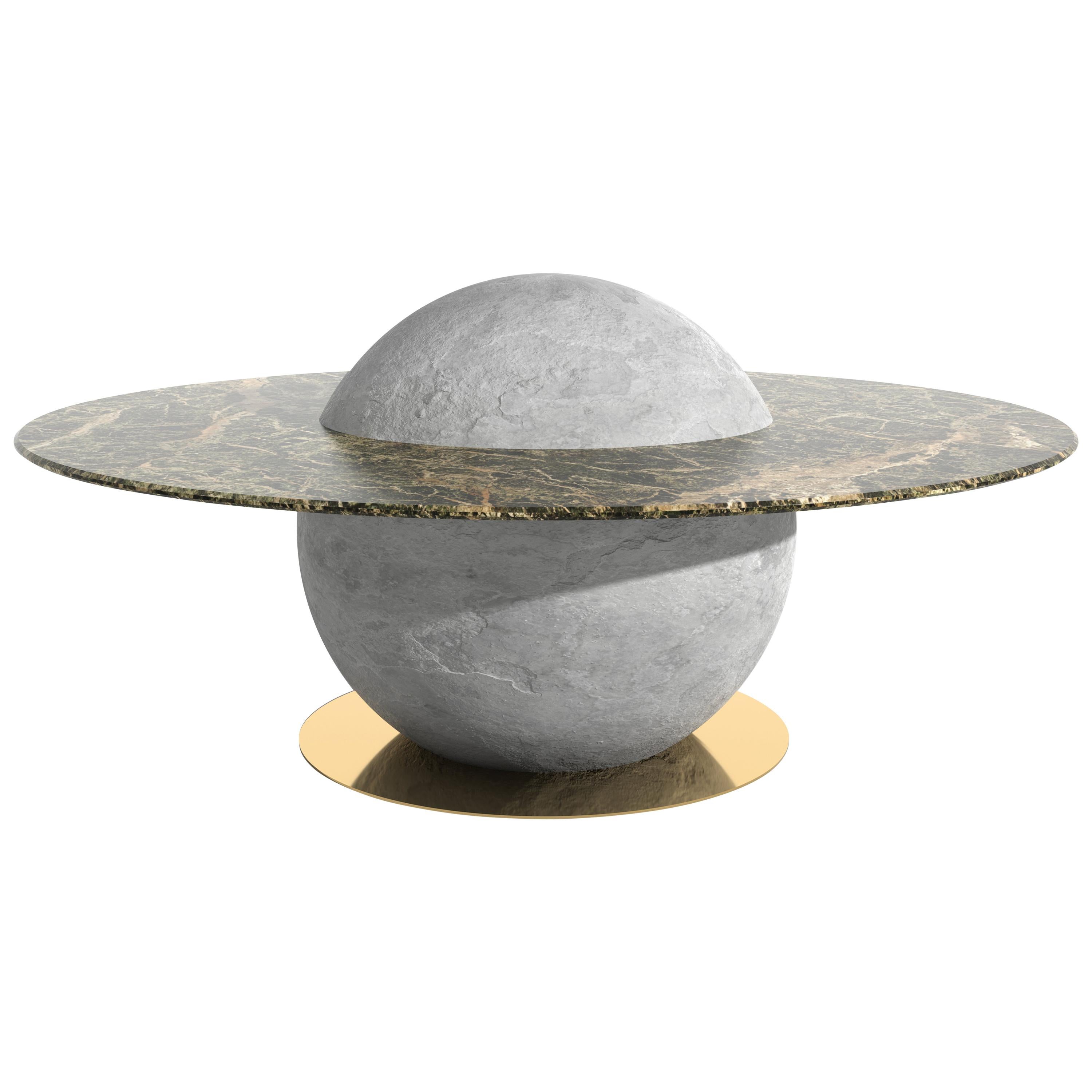 Astral Coffee Table by Marc Ange with Concrete Base and Round Green Marble Top For Sale