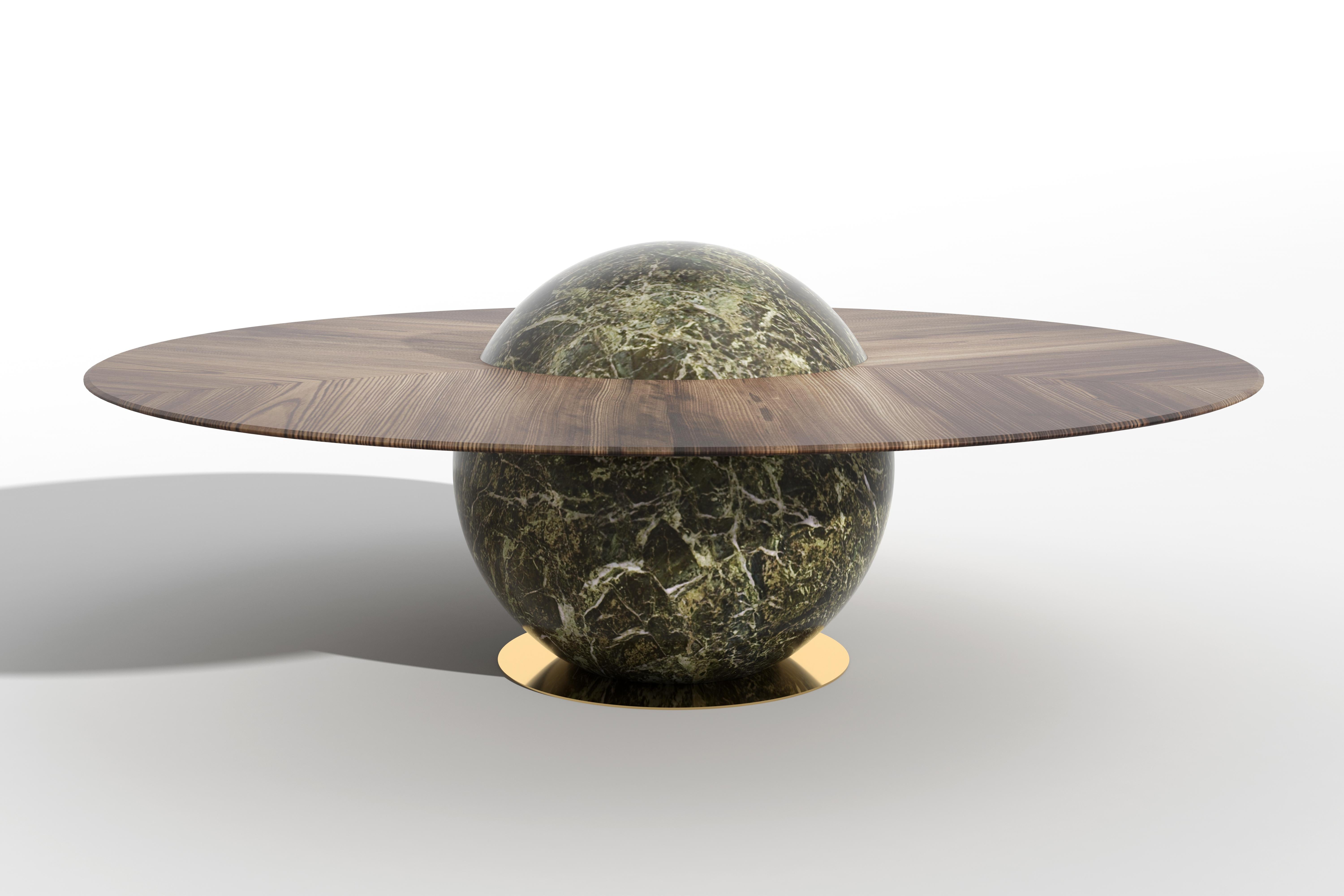 Astral Dining Table by Marc Ange with Green Marble Base and Solid Wood Top In New Condition For Sale In Paris, FR