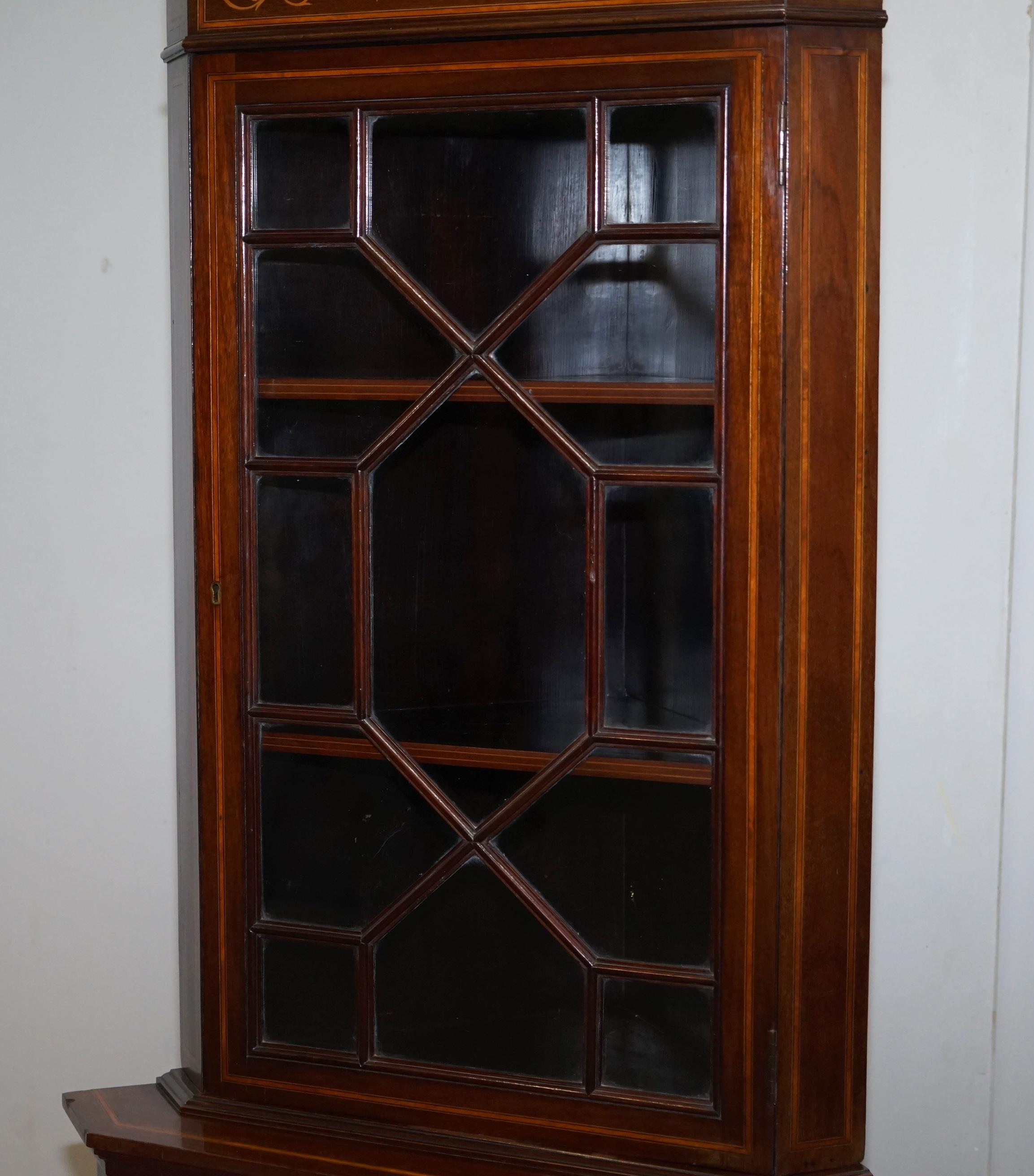 Astral Glazed Antique Dutch Marquetry Inlaid Corner Bookcase Cupboard Sheraton For Sale 2