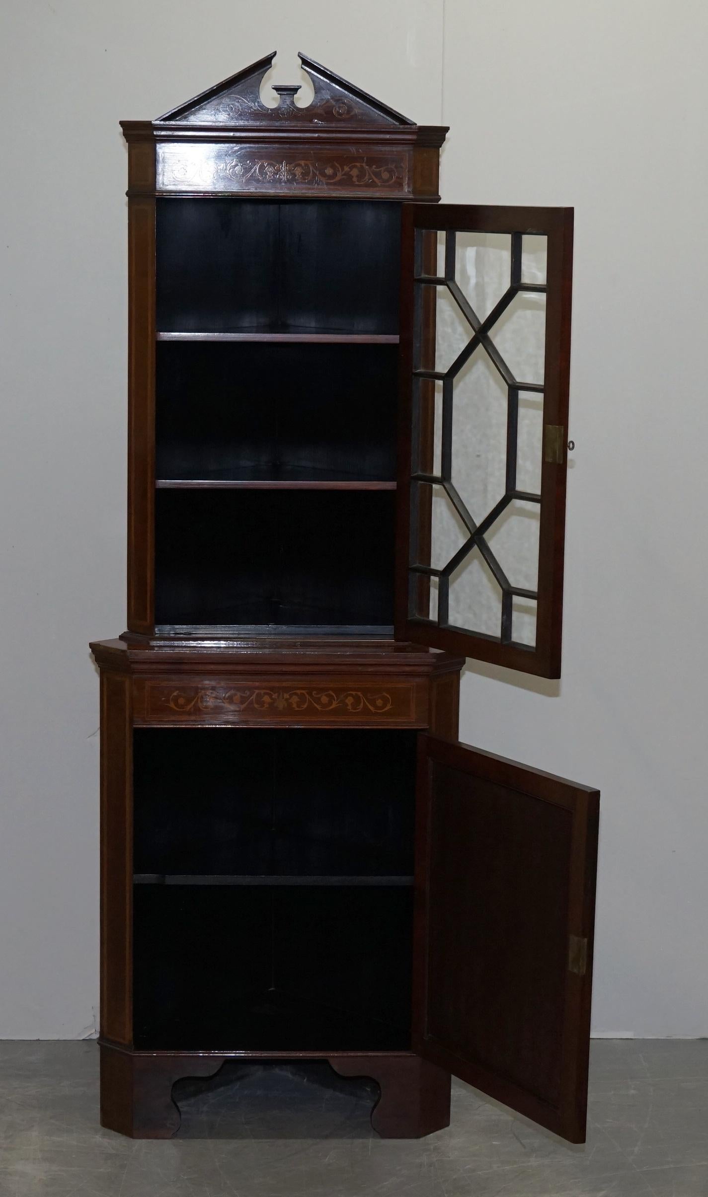 Astral Glazed Antique Dutch Marquetry Inlaid Corner Bookcase Cupboard Sheraton For Sale 5