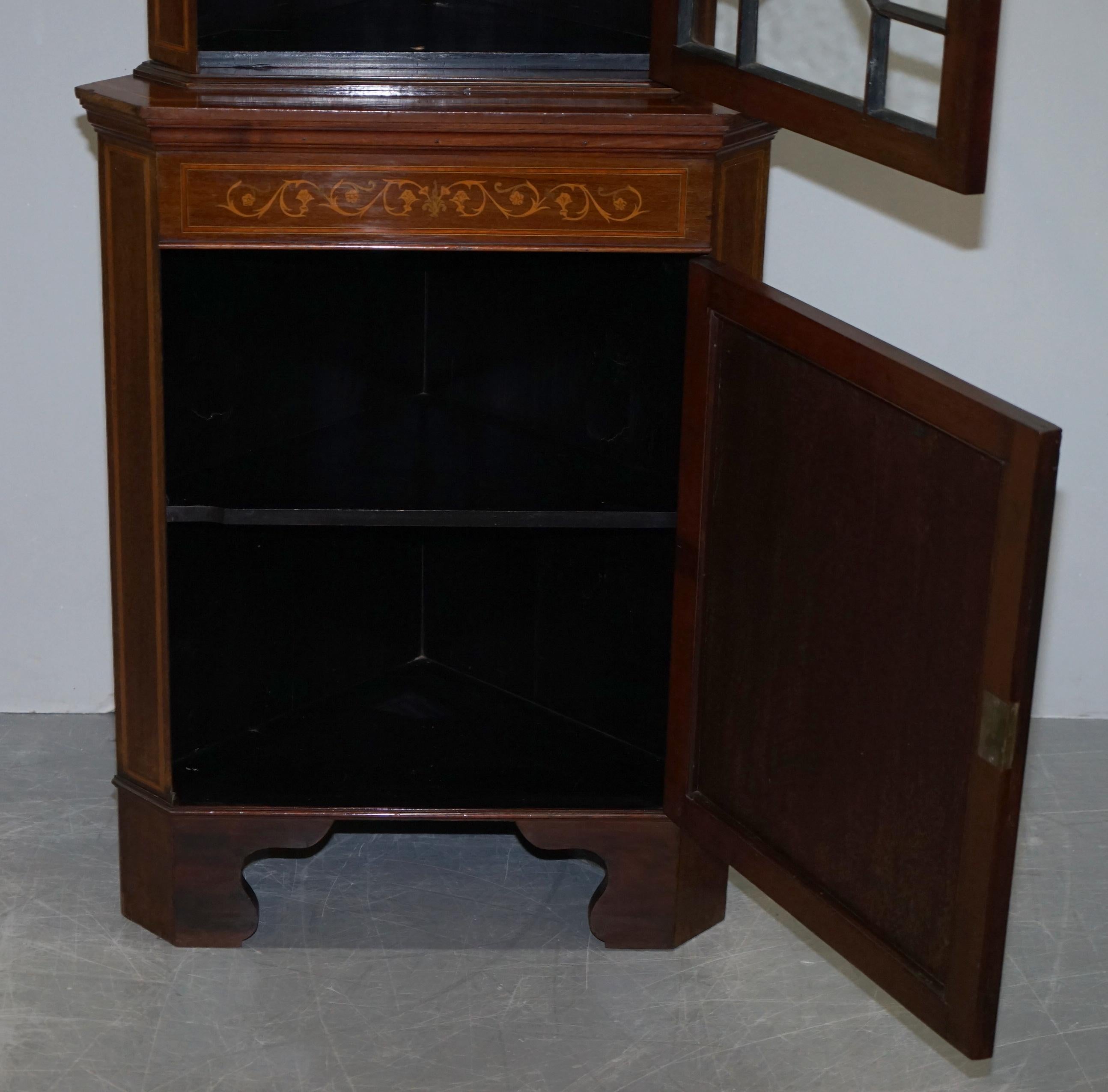 Astral Glazed Antique Dutch Marquetry Inlaid Corner Bookcase Cupboard Sheraton For Sale 6