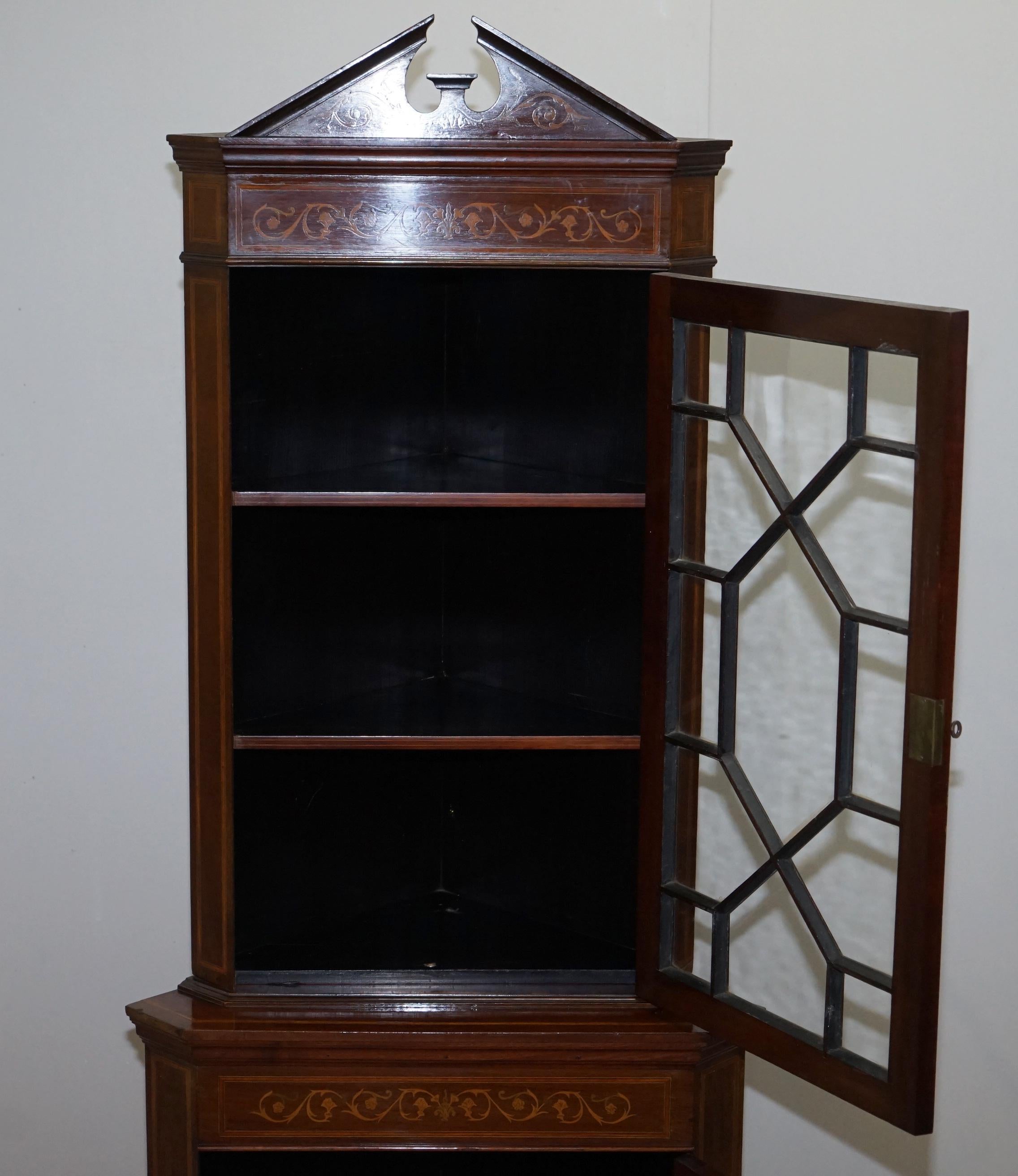 Astral Glazed Antique Dutch Marquetry Inlaid Corner Bookcase Cupboard Sheraton For Sale 7