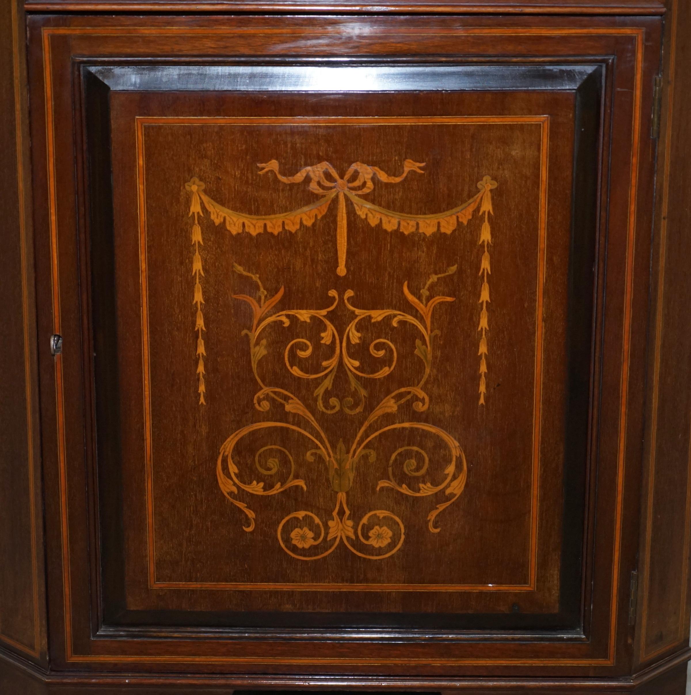 High Victorian Astral Glazed Antique Dutch Marquetry Inlaid Corner Bookcase Cupboard Sheraton For Sale