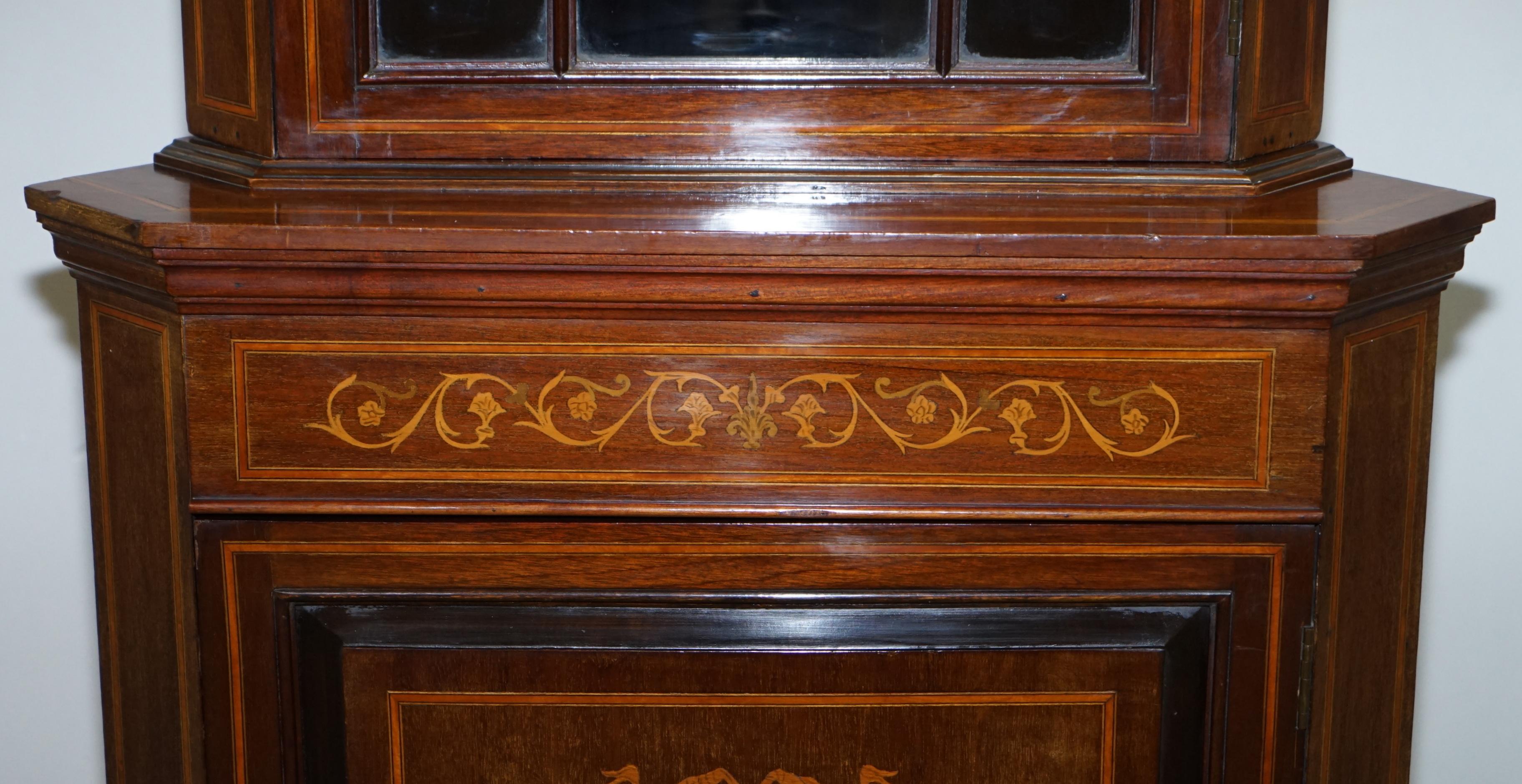 Mid-19th Century Astral Glazed Antique Dutch Marquetry Inlaid Corner Bookcase Cupboard Sheraton For Sale