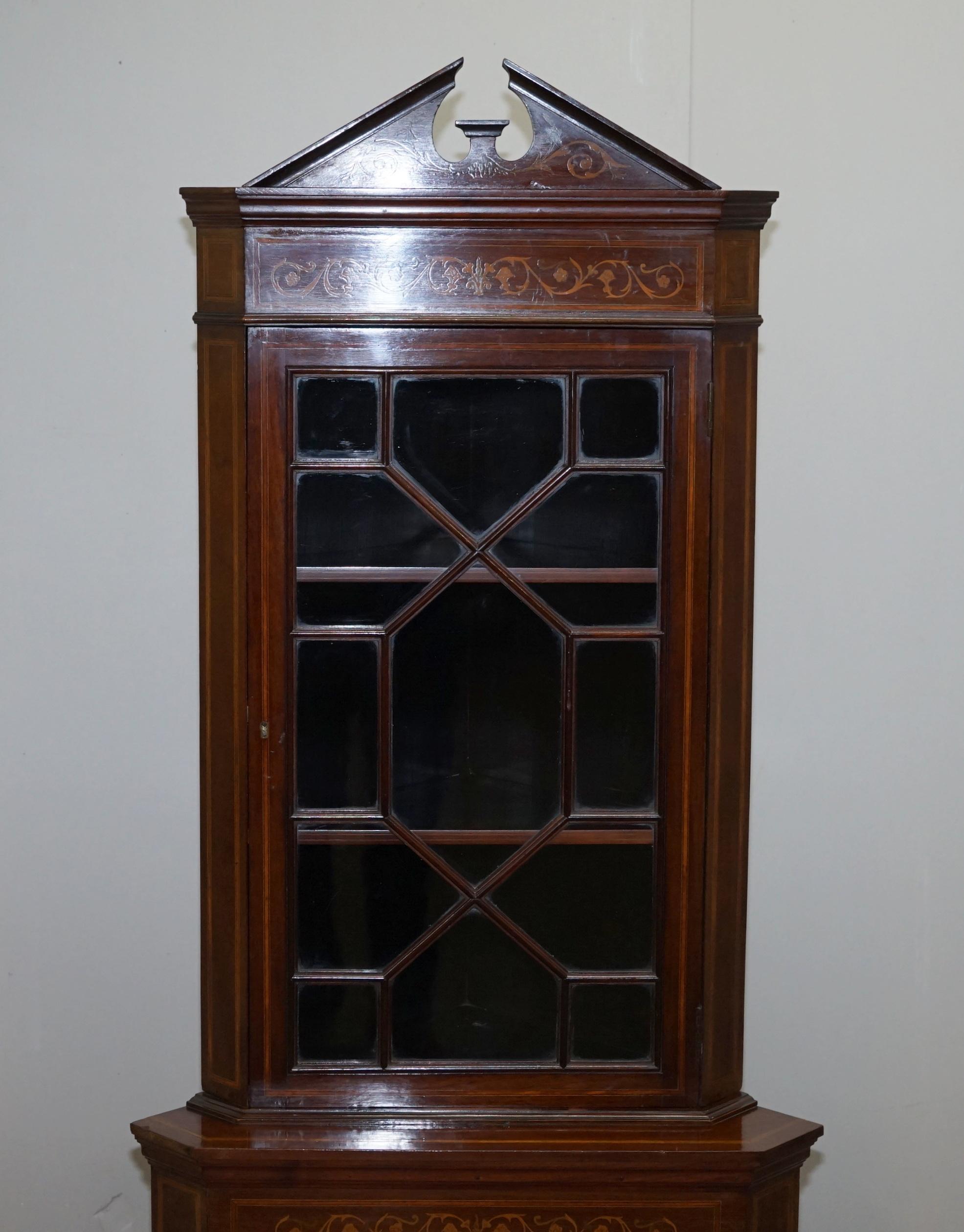 Glass Astral Glazed Antique Dutch Marquetry Inlaid Corner Bookcase Cupboard Sheraton For Sale