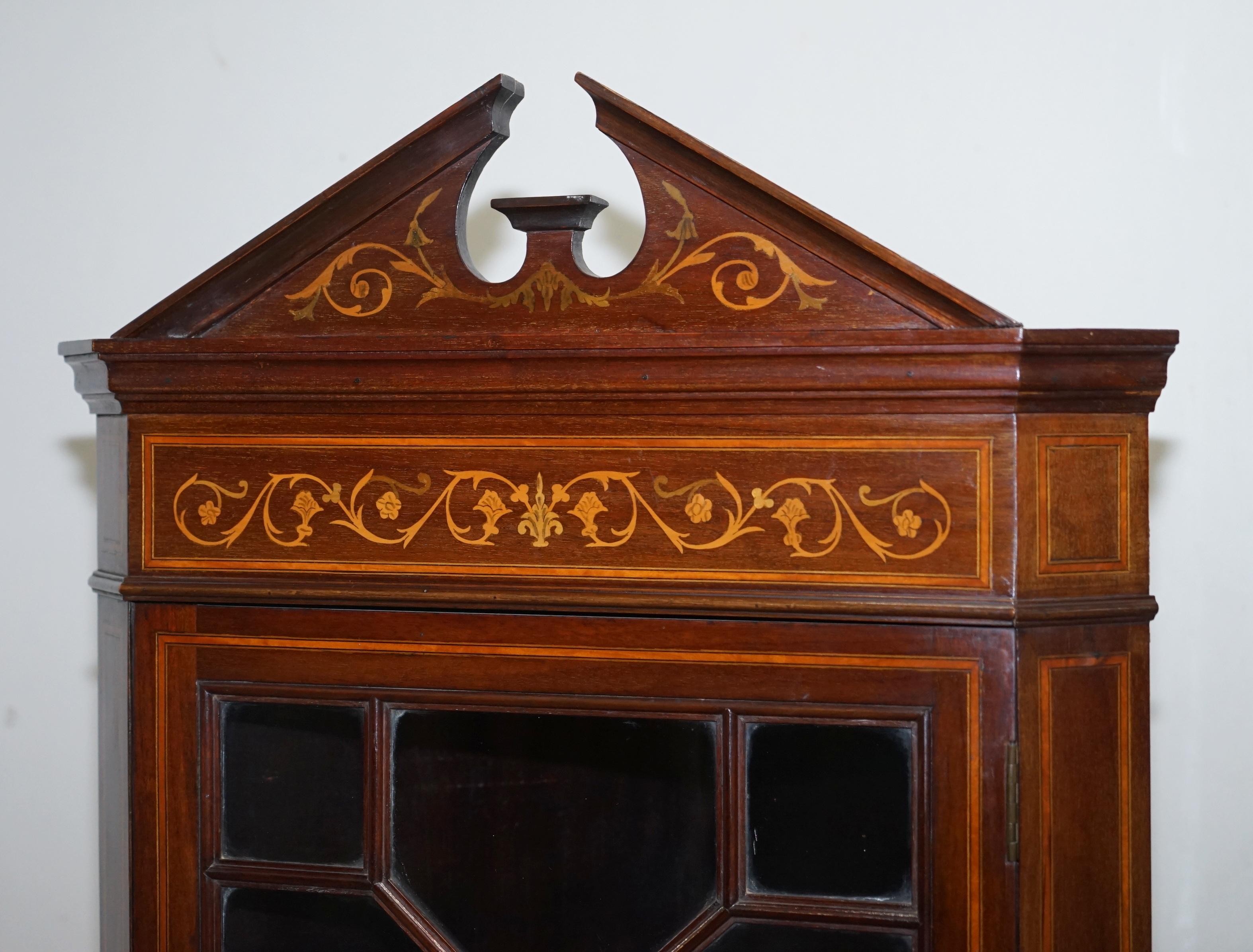 Astral Glazed Antique Dutch Marquetry Inlaid Corner Bookcase Cupboard Sheraton For Sale 1