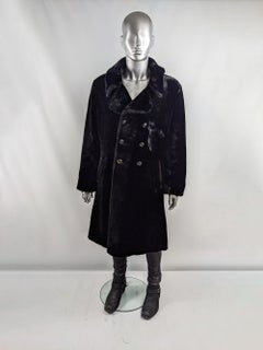 Astraman Vintage 70s Rare Mens Black Faux Fur Mod Long Coat, 1970s