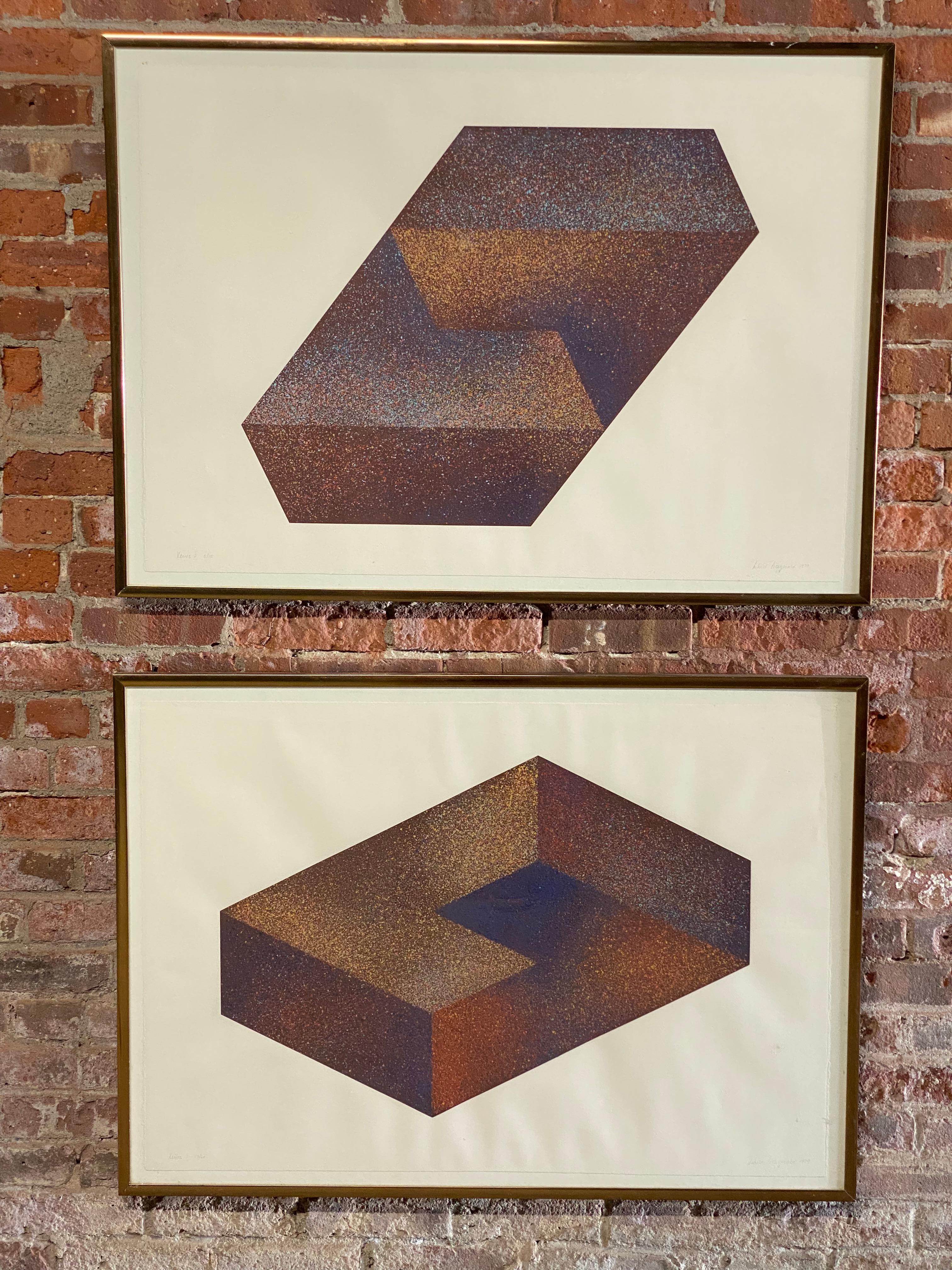 Astrid Fitzgerald, (Born: 1938 - Wil-St. Gallen, Switzerland), is known for geometric abstraction and printmaking. The pair of serigraphs are signed, titled and numbered in pencil in the lower margin, Astrid Fitzgerald, Xenos I and V, 1979. 'Xenos