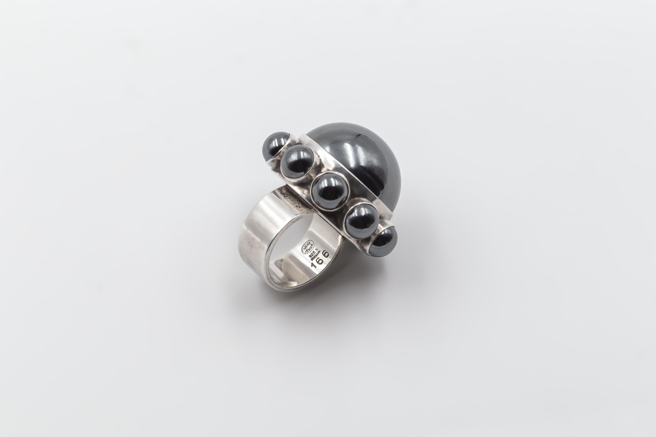 Modernist Astrid Fog for Georg Jensen Silver Hematite Ring #166 For Sale