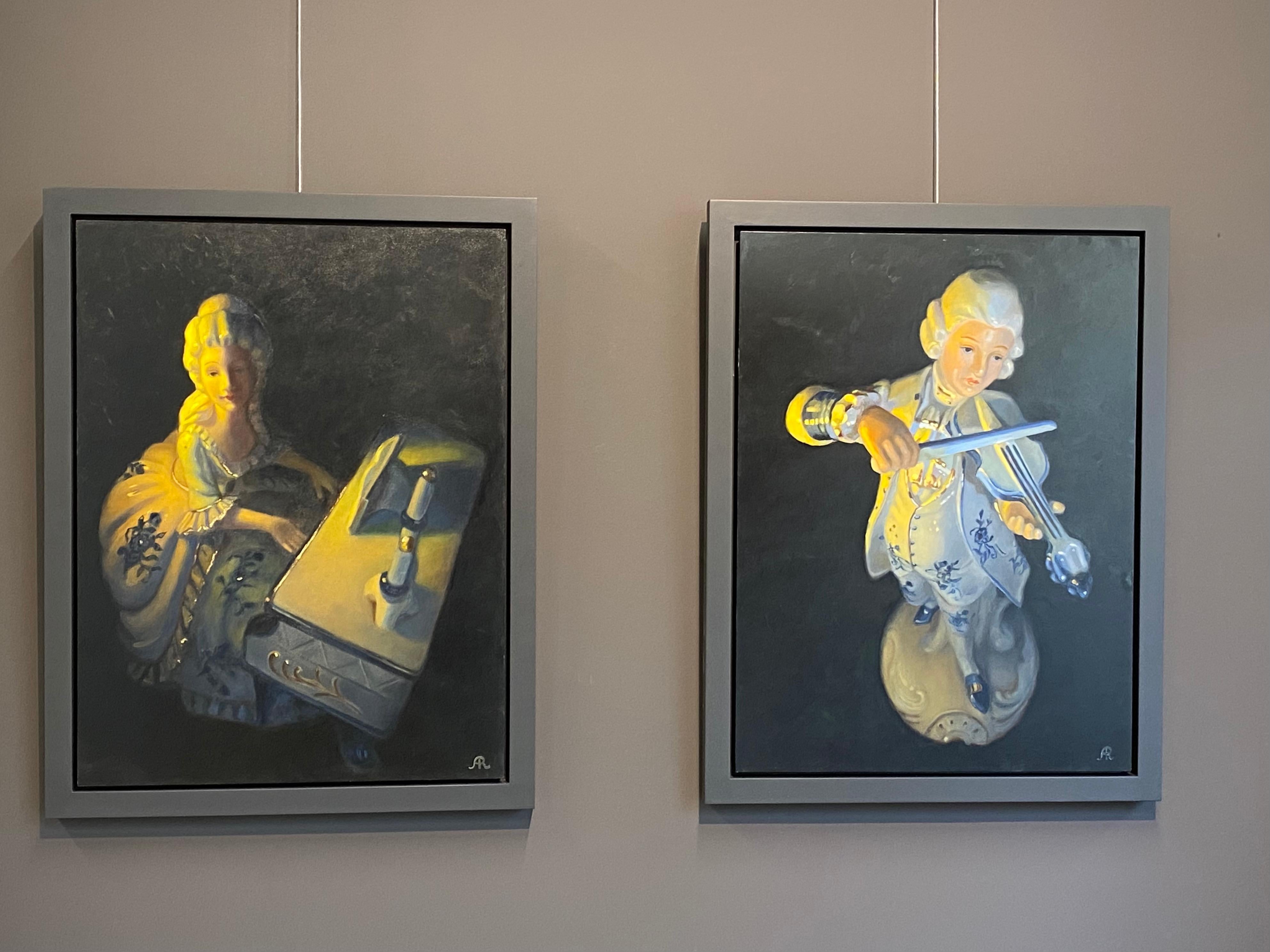 Abendkonzert, 21. Jahrhundert, Stlllife-Gemälde einer Klavier spielenden Figur (Zeitgenössisch), Painting, von Astrid Ritmeester