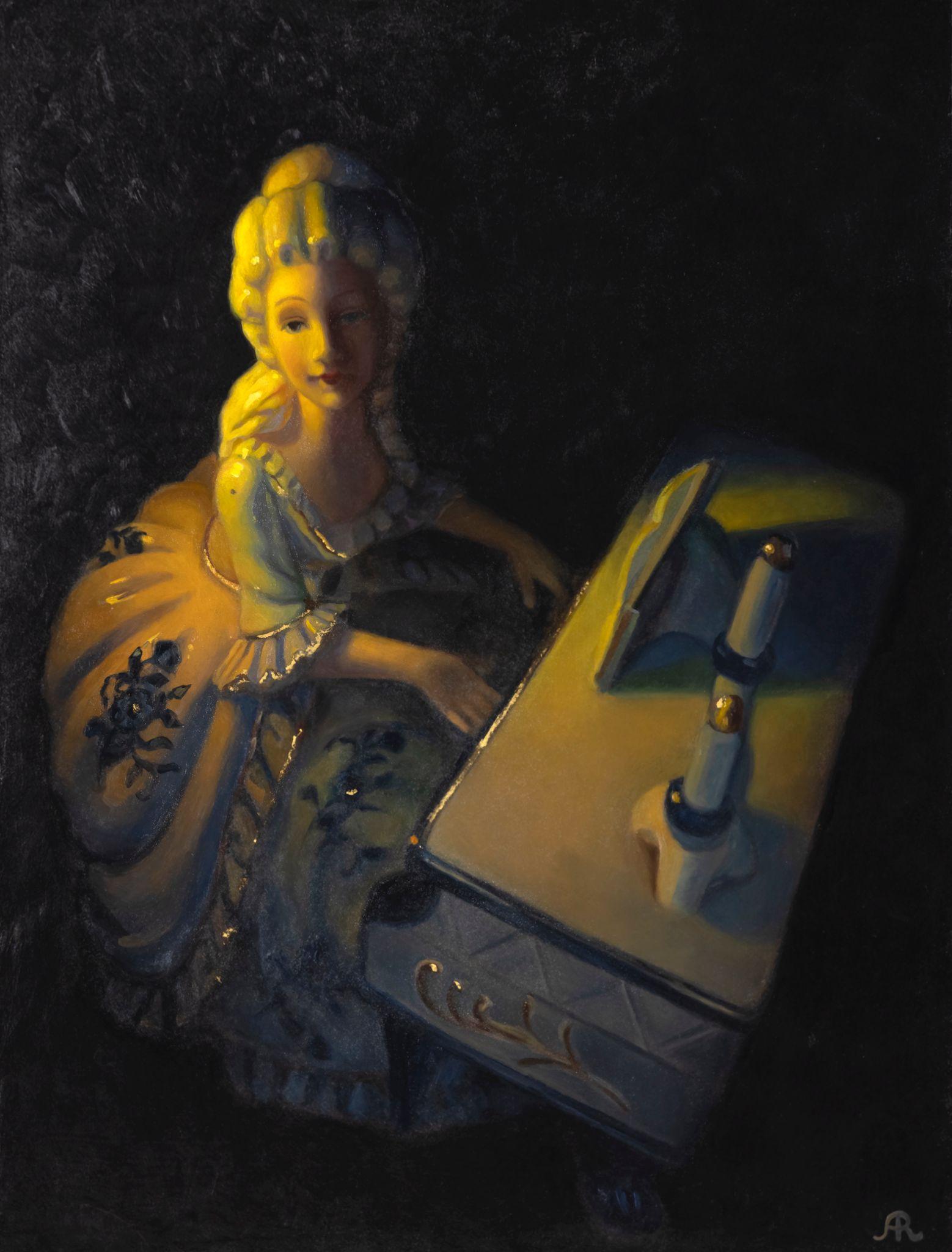 Astrid Ritmeester Figurative Painting - An Evening Recital- 21st Century Stlllife Painting of a Figurine playing Piano