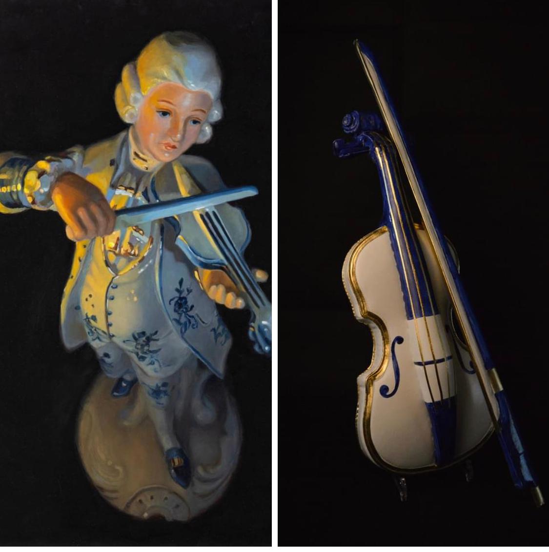Serenade silencieuse - Peinture Stlllife du 21e siècle représentant une figurine jouant du violon - Painting de Astrid Ritmeester