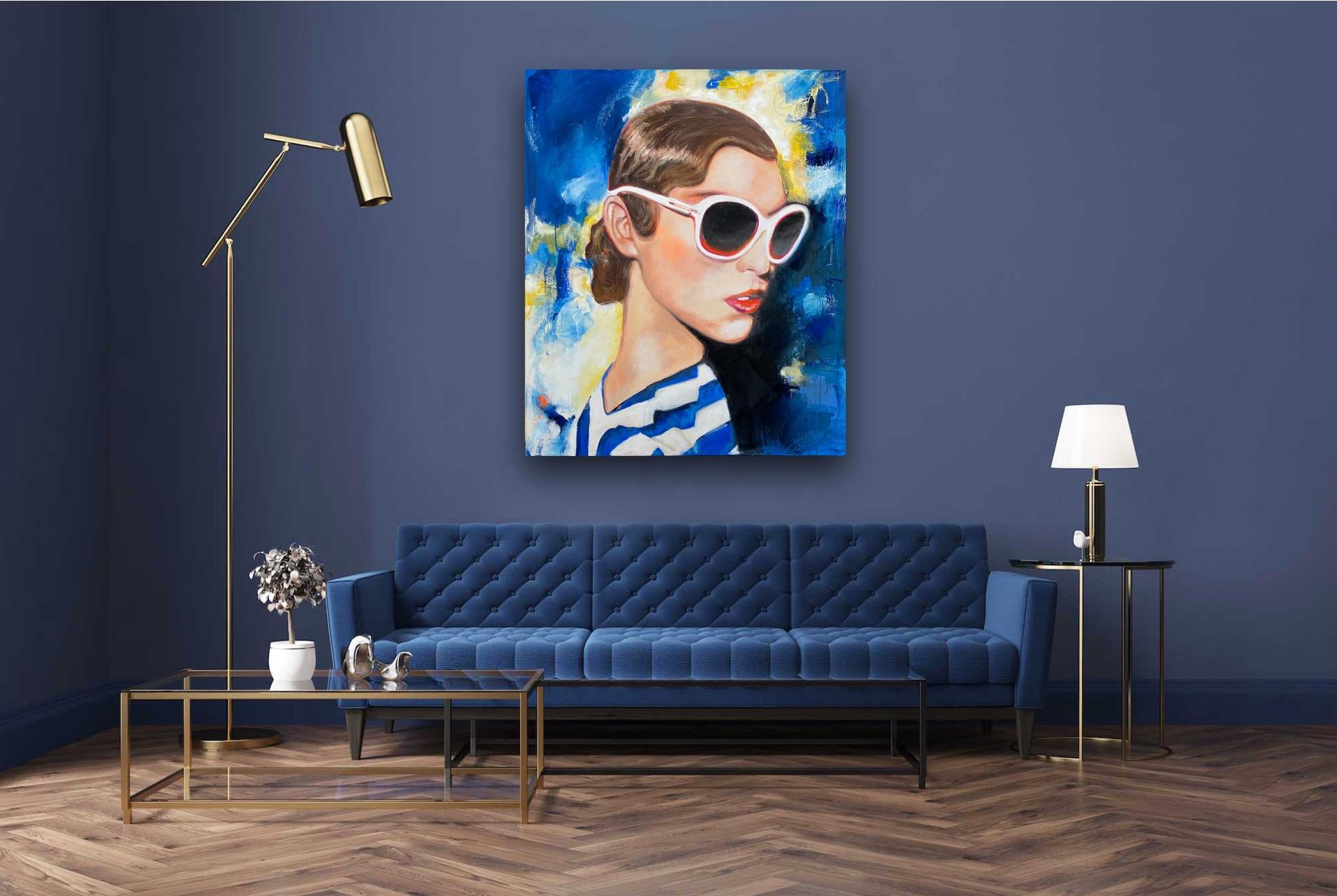 Pariser Blau - Paris, Blue, Portrait, Woman, Sunglasses, Summer, Fashion, 21stC - Painting by Astrid Stöfhas