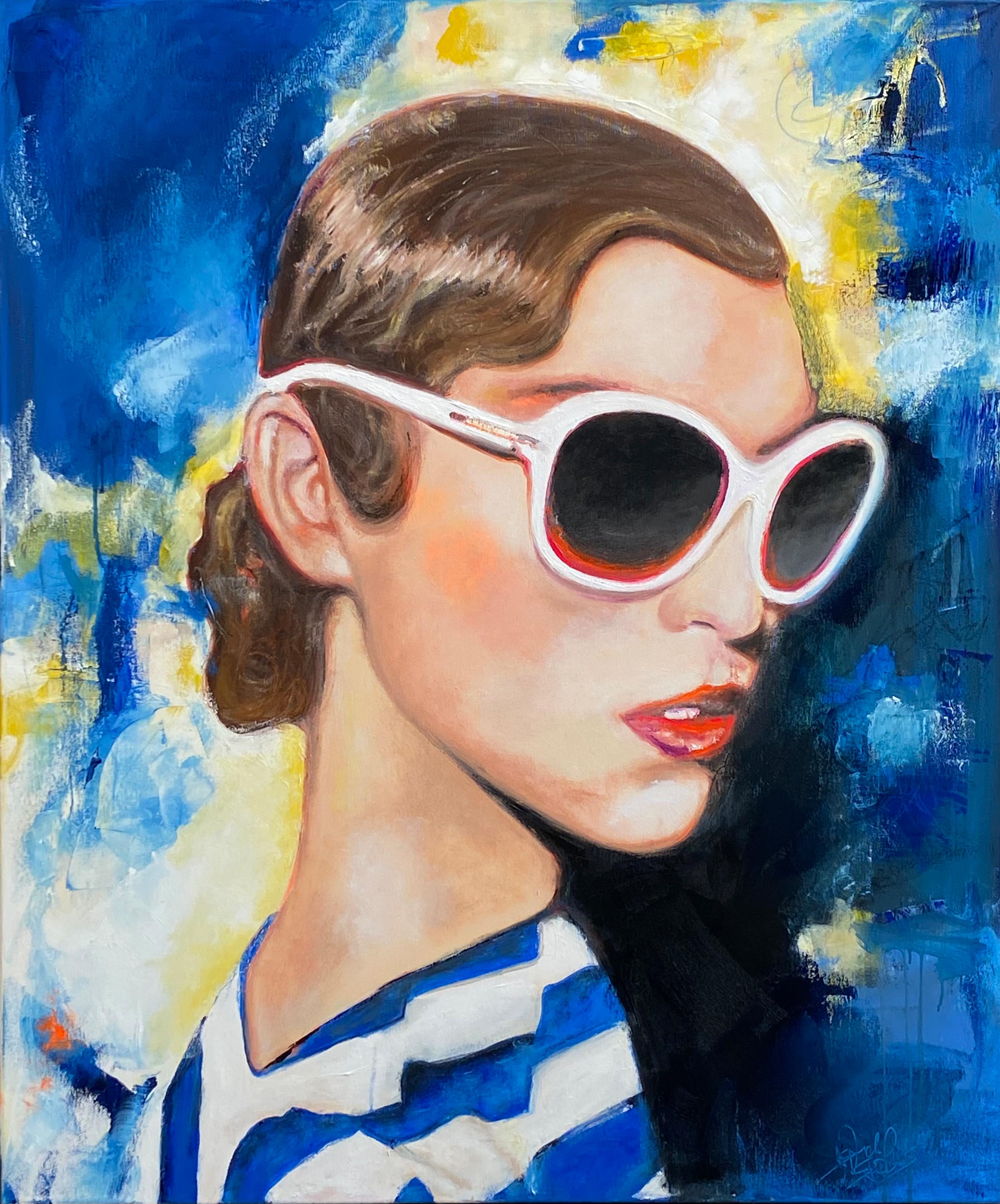Astrid Stöfhas Portrait Painting - Pariser Blau - Paris, Blue, Portrait, Woman, Sunglasses, Summer, Fashion, 21stC