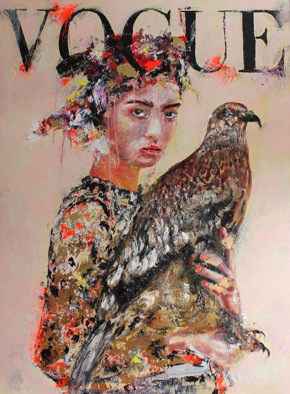 Astrid Stöfhas Figurative Painting - The Falcon Hairstyle Portrait - Vogue Fashion inspired figurative painting