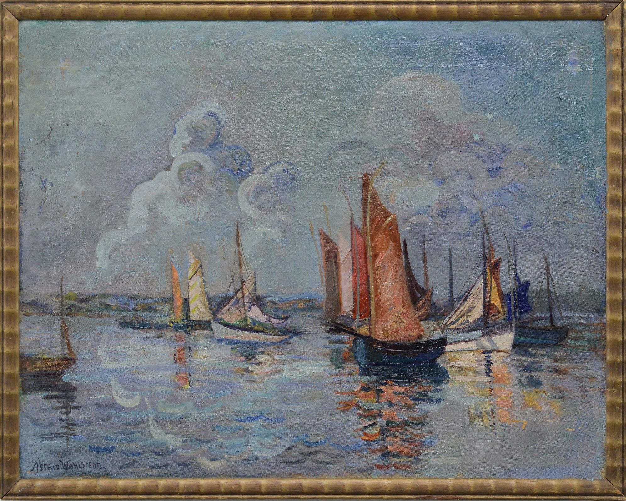 Early 20th C Antique Scandinavian Impressionist Seascape Oil Painting Sailboats