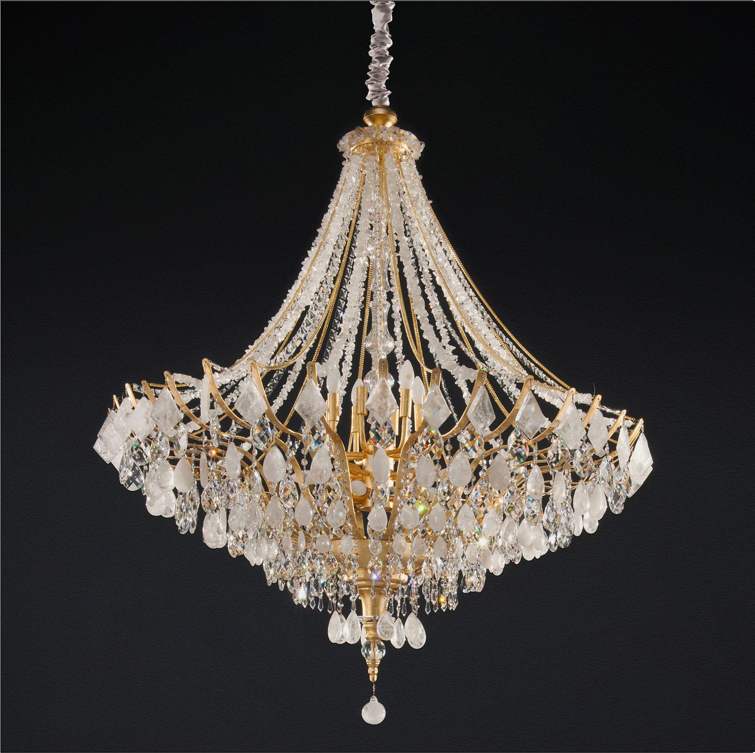 Quartz chandelier lamp 120 by Aver
Dimensions: Diameter 120 x Height 135 cm 
Materials: Aluminum with gold leaf. Natural quartz crystals. 
Lighting: 24 x E14
Available in finishes: Silver veneer, aged silver veneer, gold veneer, aged gold veneer,