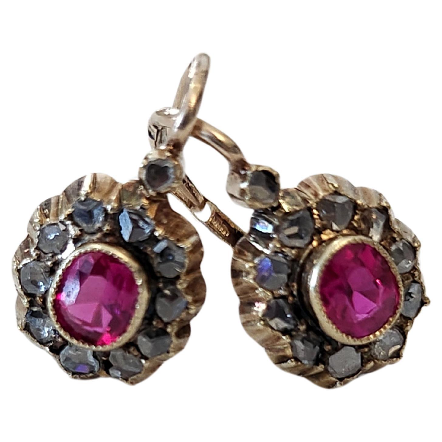Antique Austro-Hungarian Ruby Gold Earrings For Sale