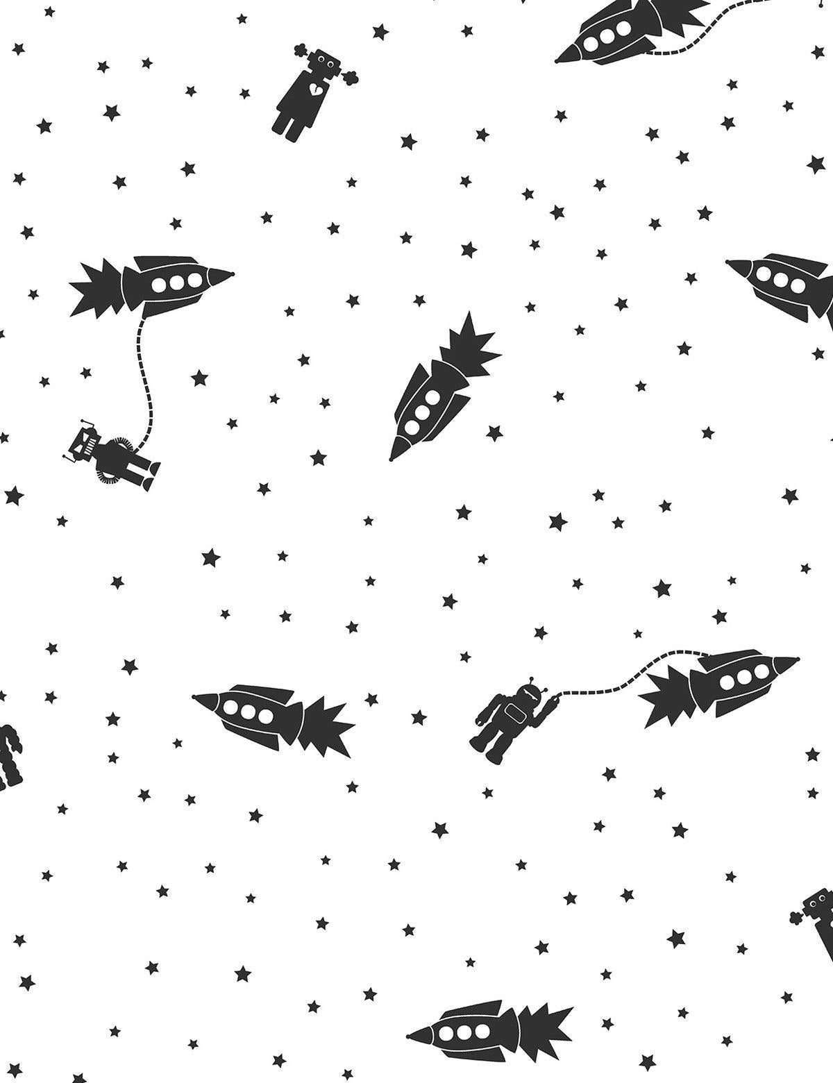 This wall-covering with a galactic scene has robots in outer space, rocket ships & more, the perfect wallpaper for your child's room.

Printing: Digital pigment print (minimum order of 4 rolls).
Material: FSC-certified paper.
Trimming: This