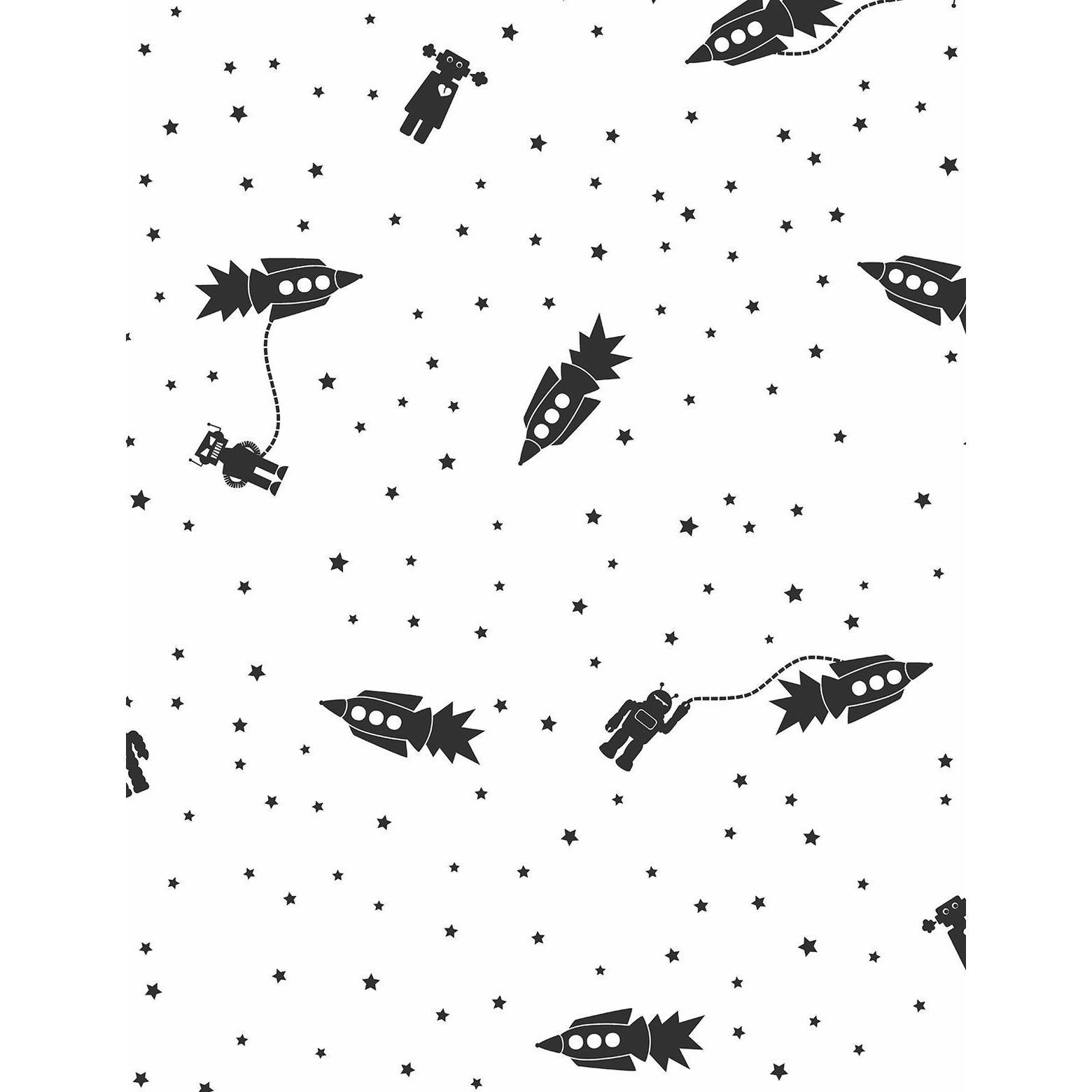 Astrobots Designer Wallpaper in Charcoal 'Black and White' For Sale