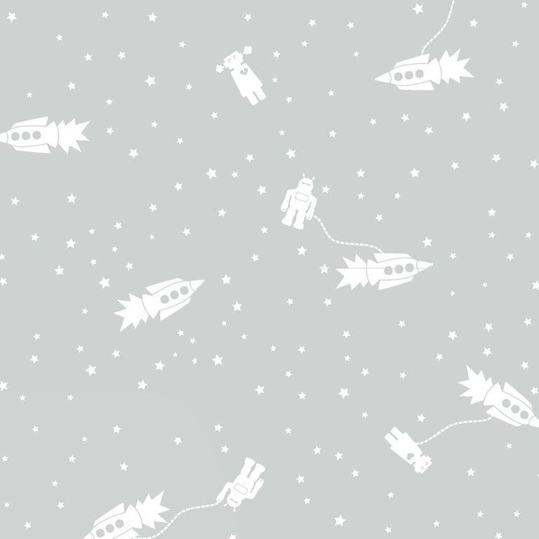 Modern Astrobots Designer Wallpaper in Heather 'White and Grey' For Sale