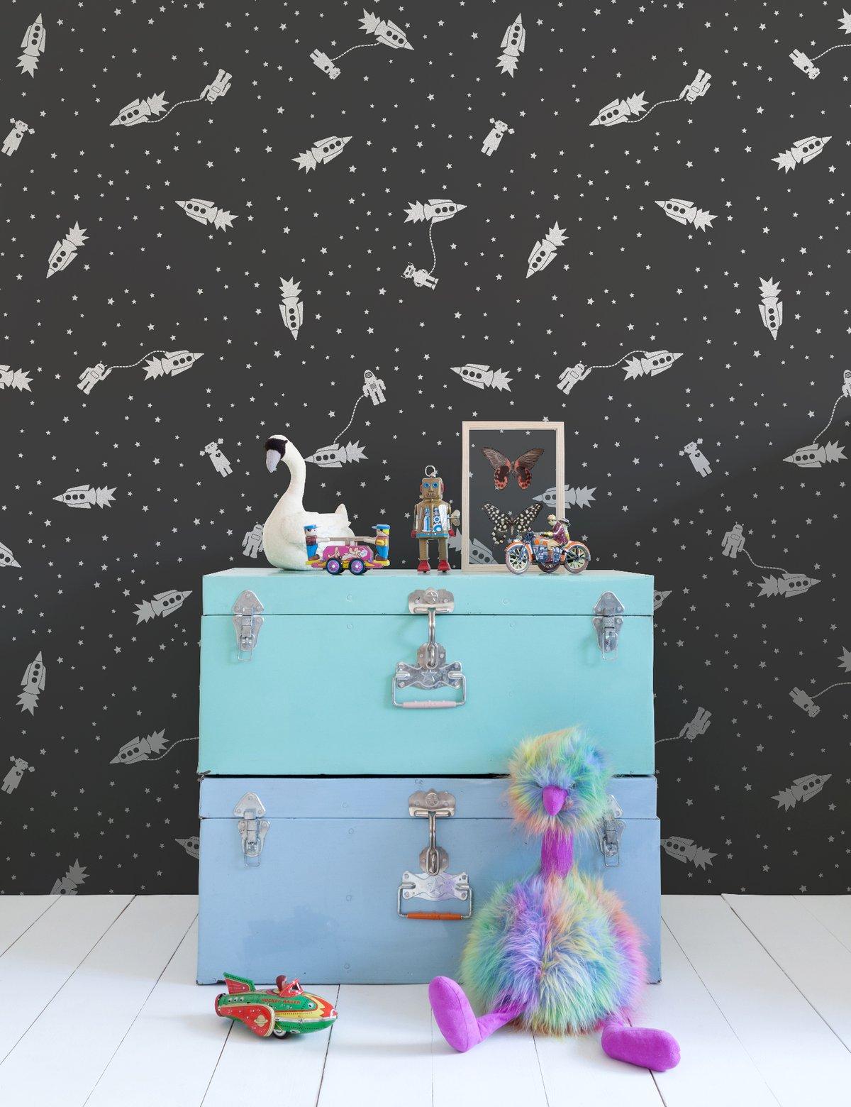 This wall-covering with a galactic scene has Robots in outer space, rocket ships & more... the perfect wallpaper for your child's room.

Samples are available for $18 including US shipping, please message us to purchase.

Printing: Screen-printed by
