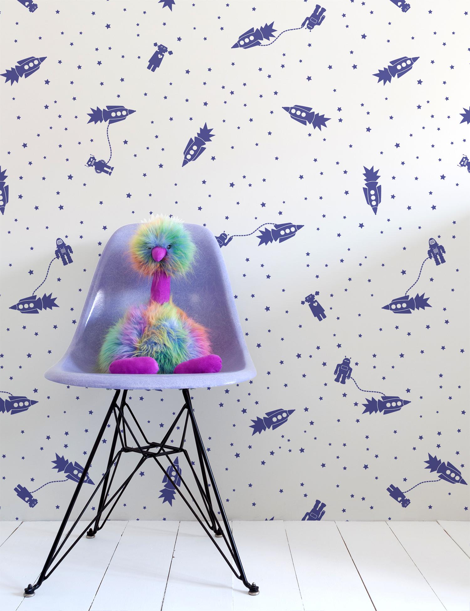 American Astrobots Screen Printed Wallpaper in Color Grape 'Violet Purple on Pale Gray' For Sale