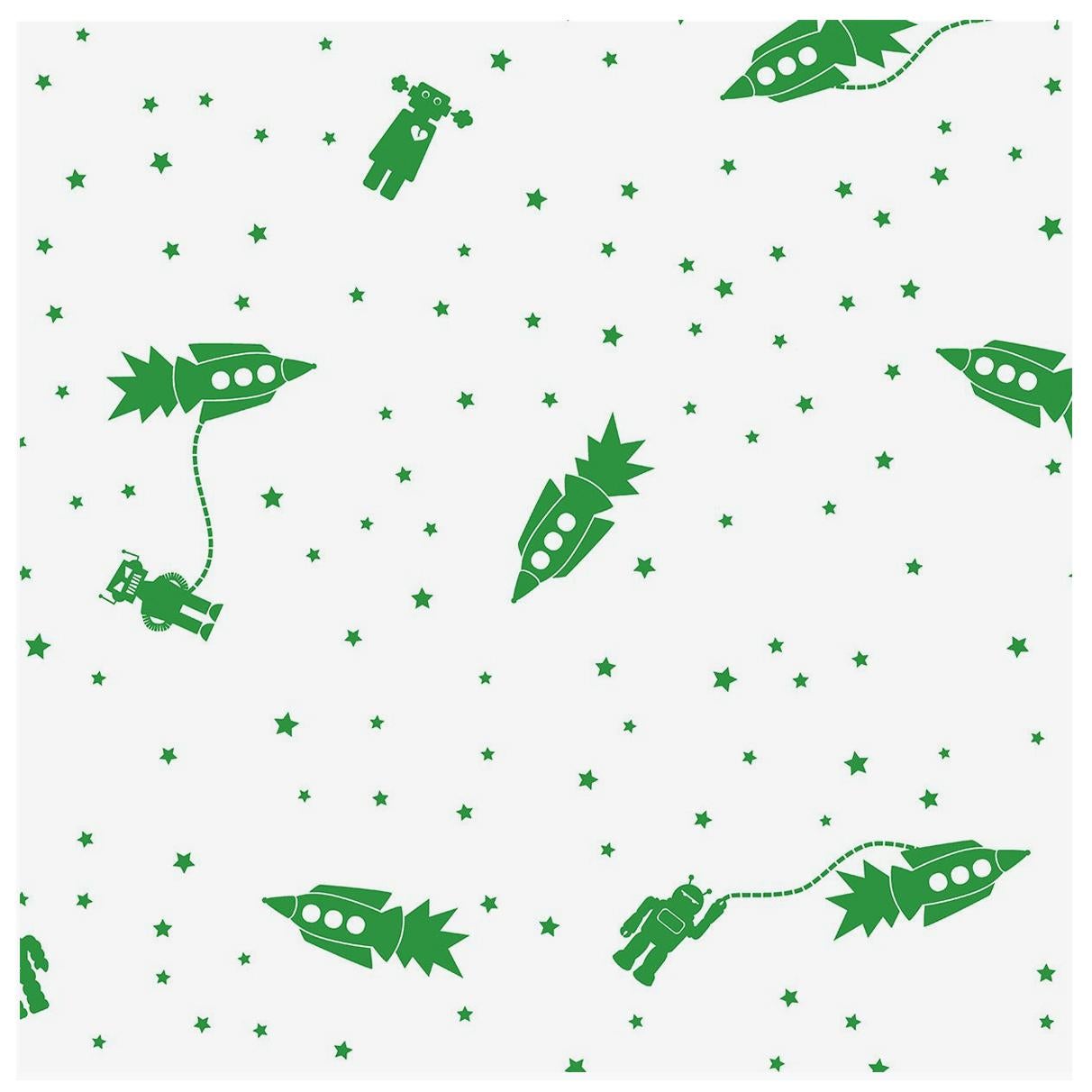 Astrobots Screen Printed Wallpaper in Electric 'Kelly Green on Soft White'