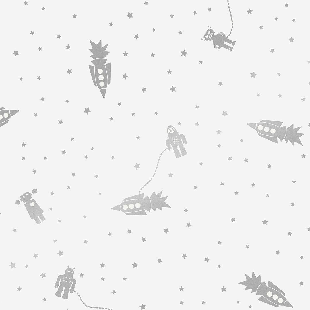 Astrobots Designer Wallpaper in Glimmer 'Metallic Silver on Soft White'