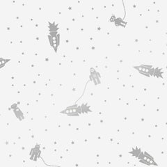 Astrobots Designer Wallpaper in Glimmer 'Metallic Silver on Soft White'