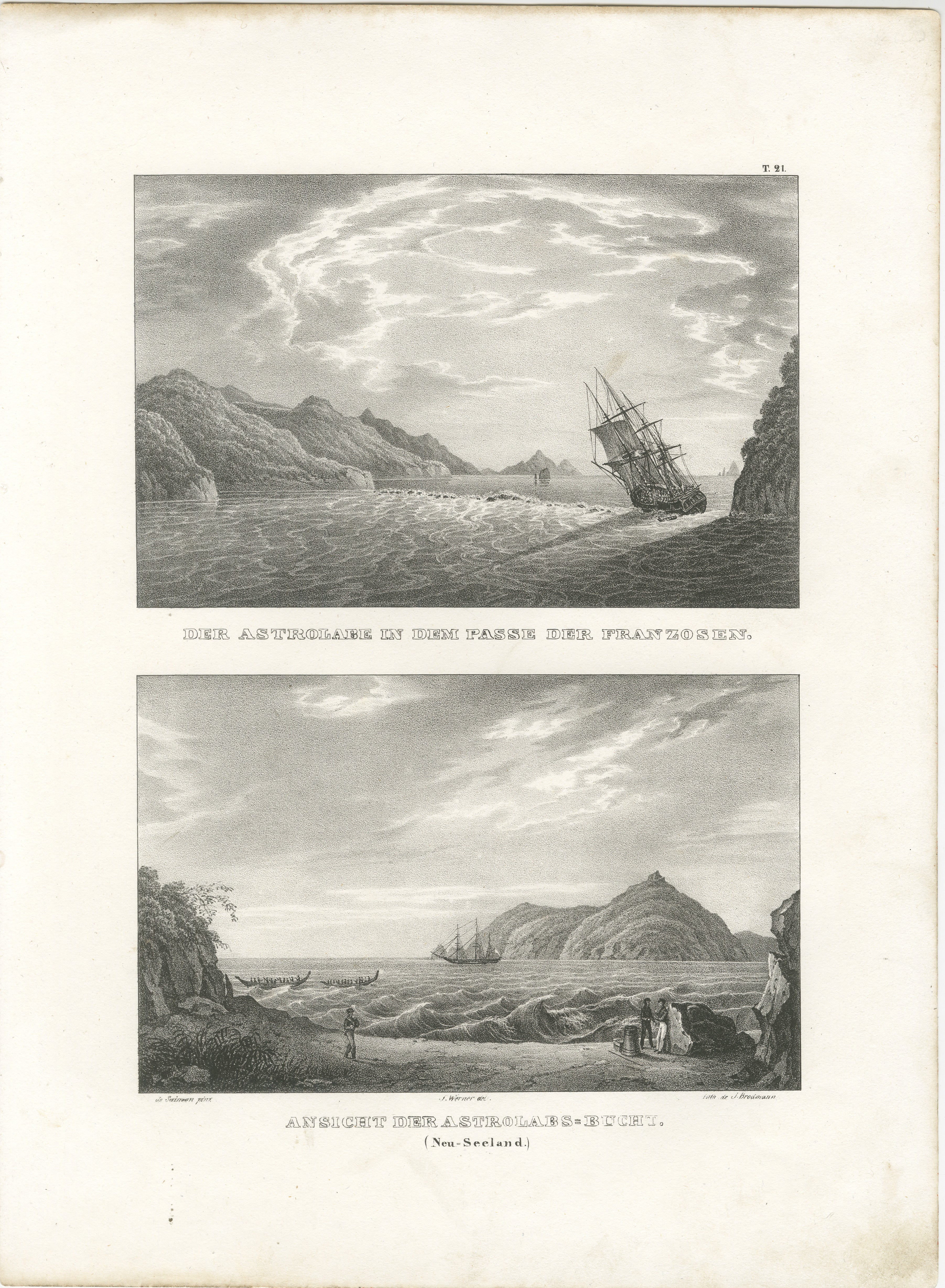 Titel: Astrolabium navigiert durch den französischen Pass und die Bucht in Neuseeland  

Beschreibung: Diese Zwei-Panel-Lithographie, um 1836, zeigt dramatische See- und Küstenszenen von Dumont d'Urvilles Astrolabe-Expedition in Neuseeland. Das