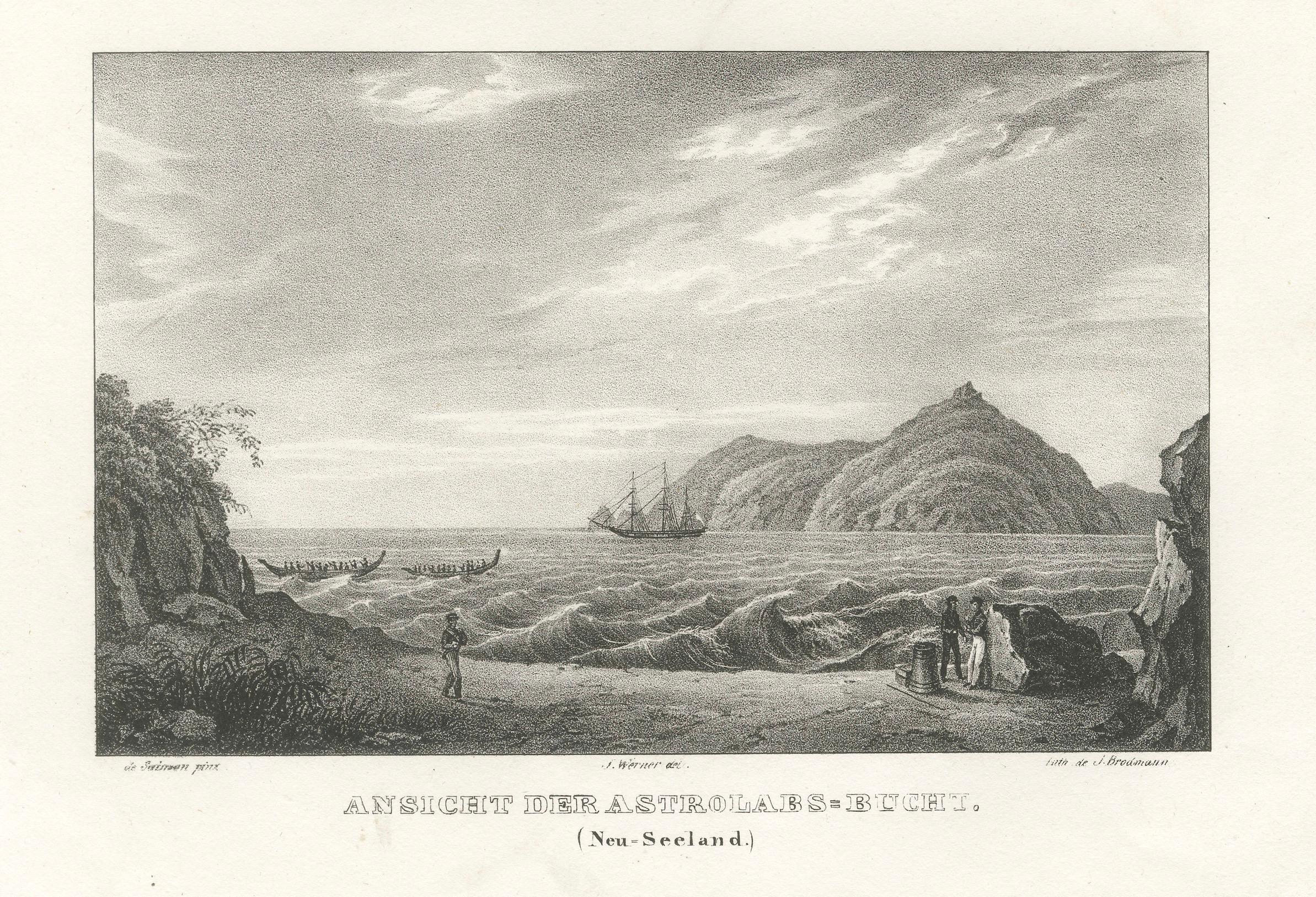 Astrolabium navigiert durch den französischen Pass und die Bucht in Neuseeland - Lithographie ca.1836 (Papier) im Angebot