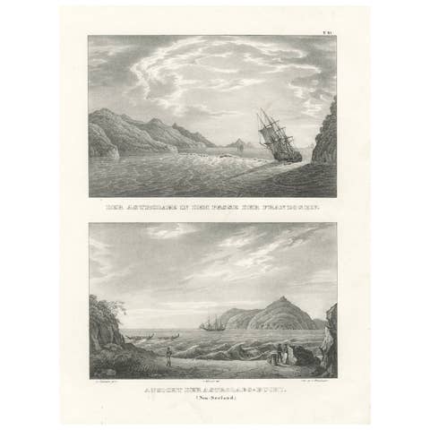 Astrolabe Navigates the French Pass and Bay in New Zealand - Lithograph ca.1836