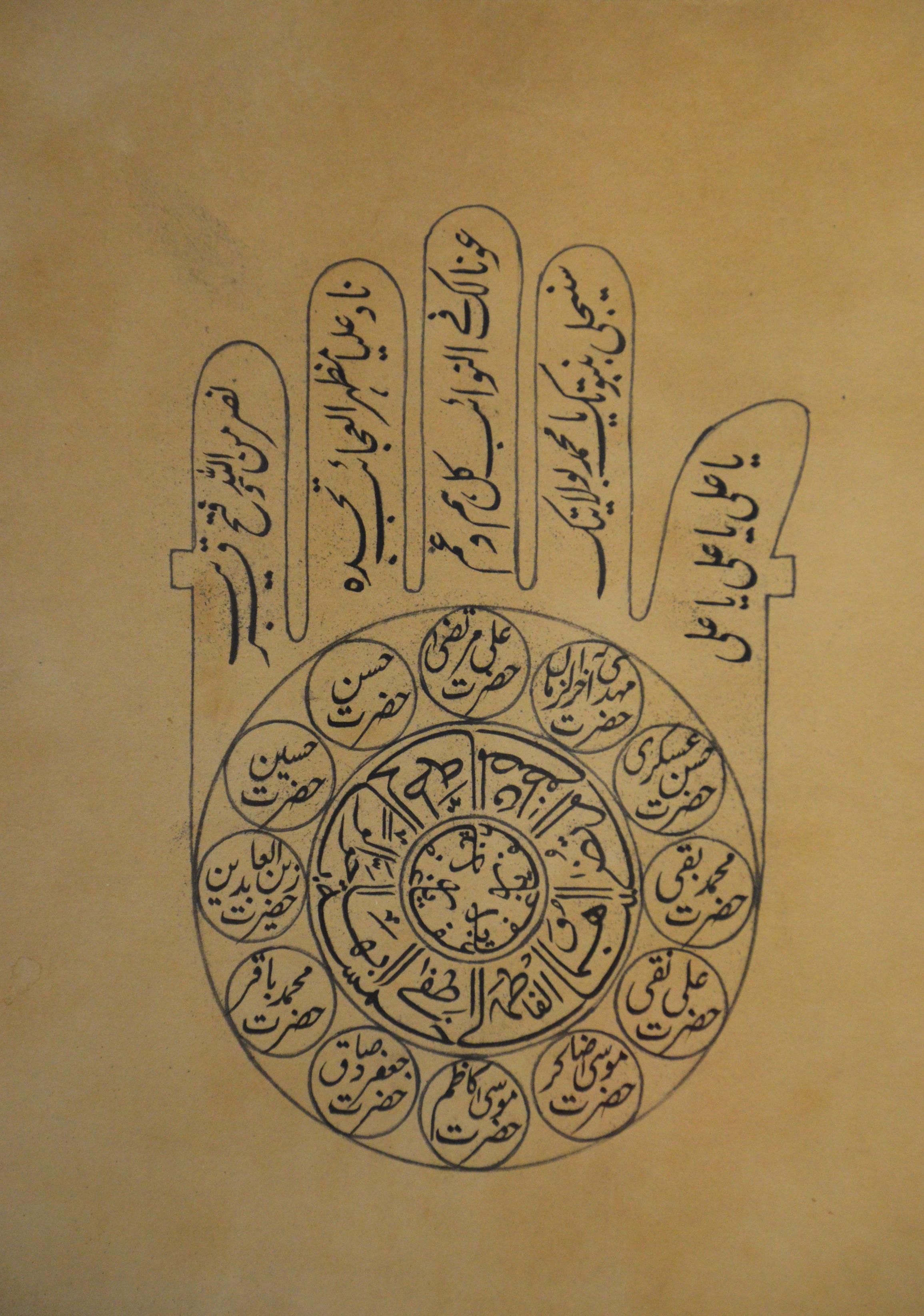 Astrological Hand-Painted on Parchment Print Depicting a Hand with Calligraphy In Good Condition For Sale In Yonkers, NY