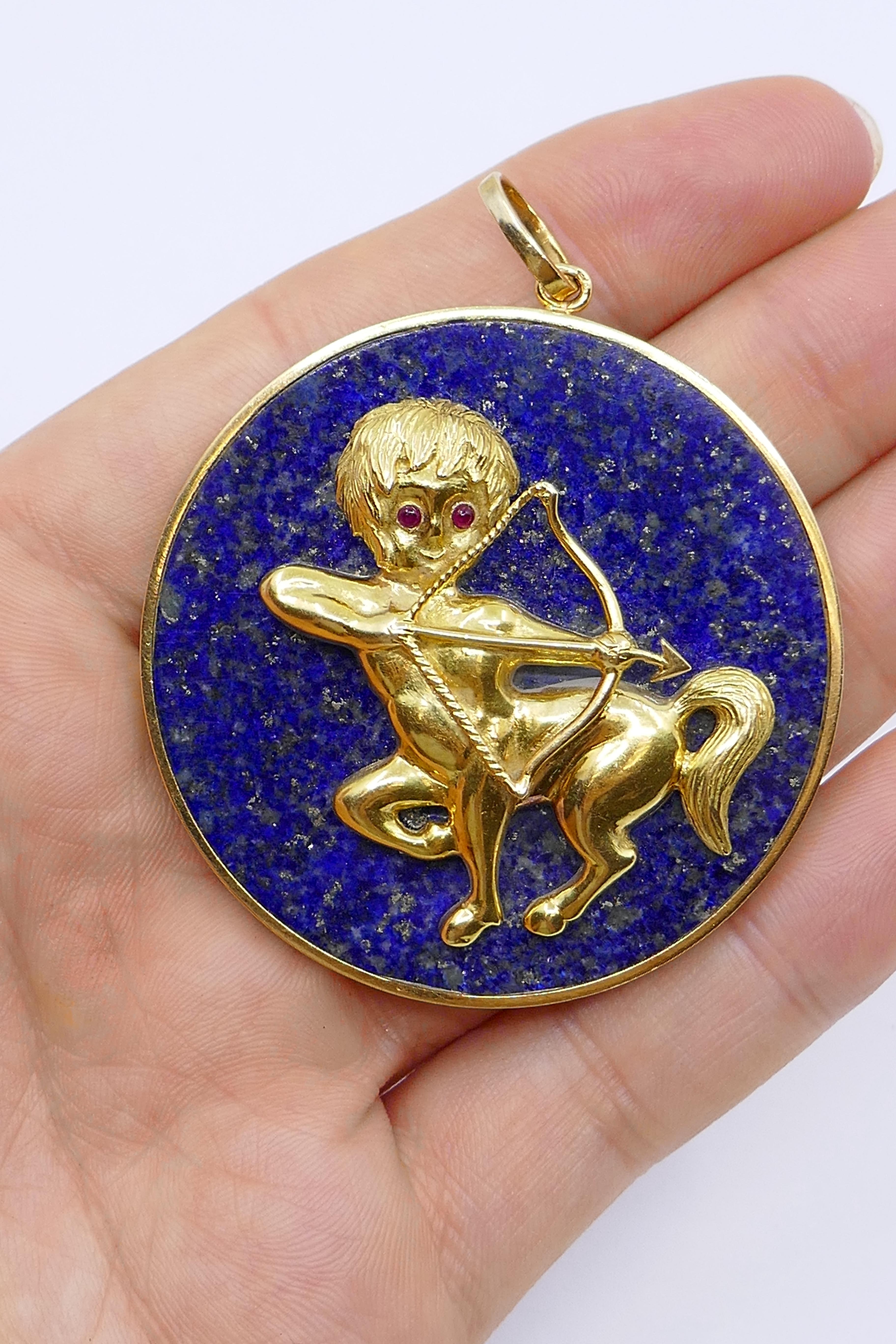 Cabochon Astrological Sagittarius 18k Gold Lapis & Ruby Pendant For Sale