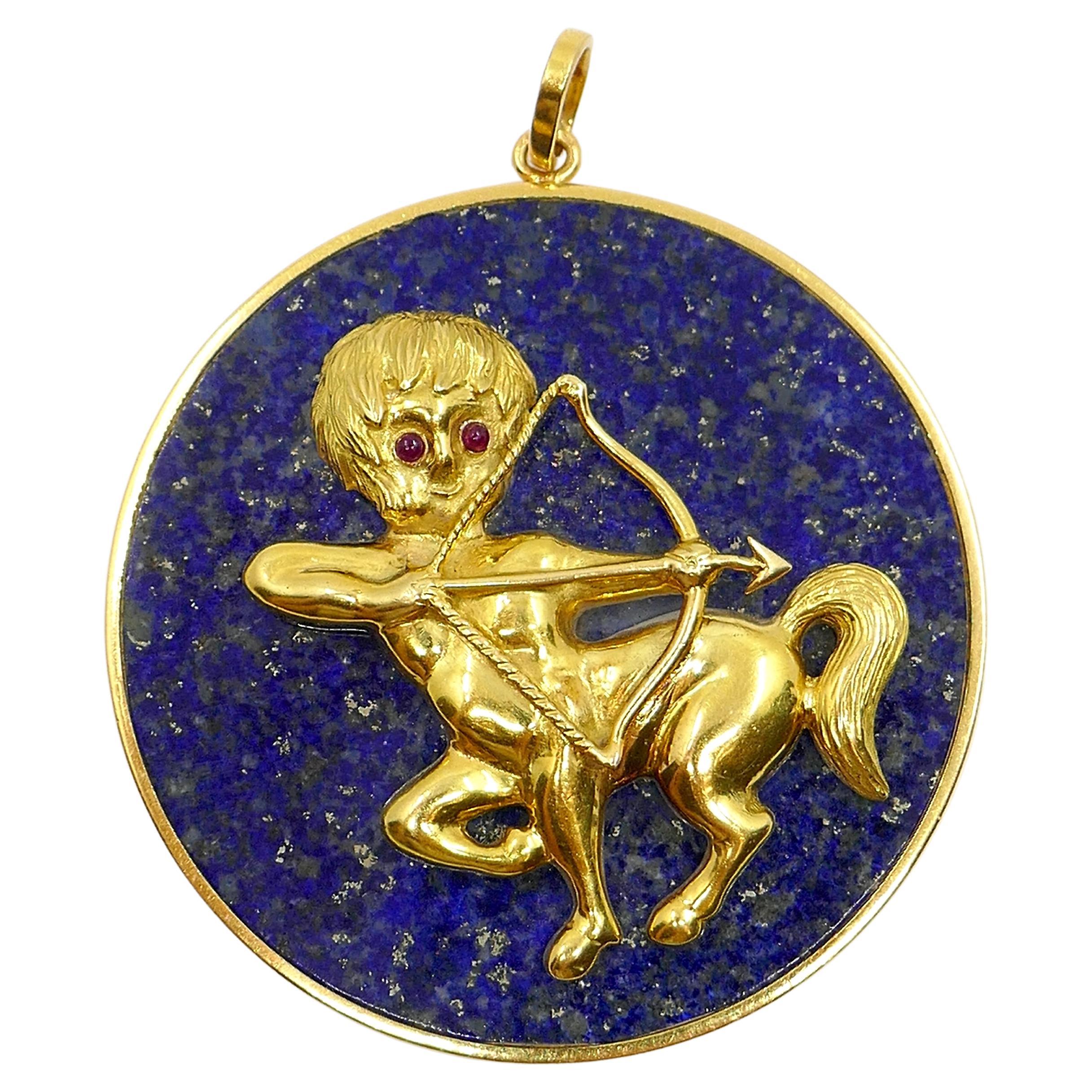 Astrological Sagittarius 18k Gold Lapis & Ruby Pendant