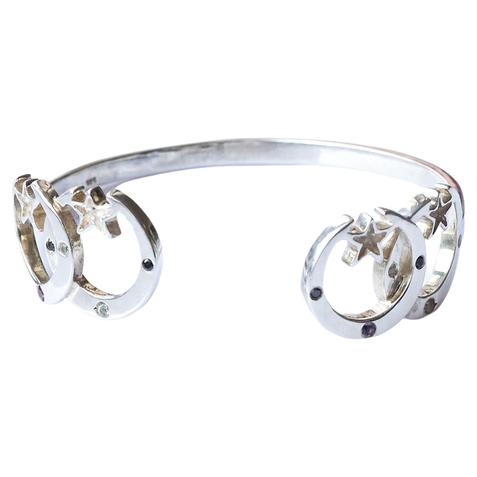 Contemporary Astrology Moon Star Bangle Bracelet Black Diamond Tourmaline Silver Spiritual For Sale
