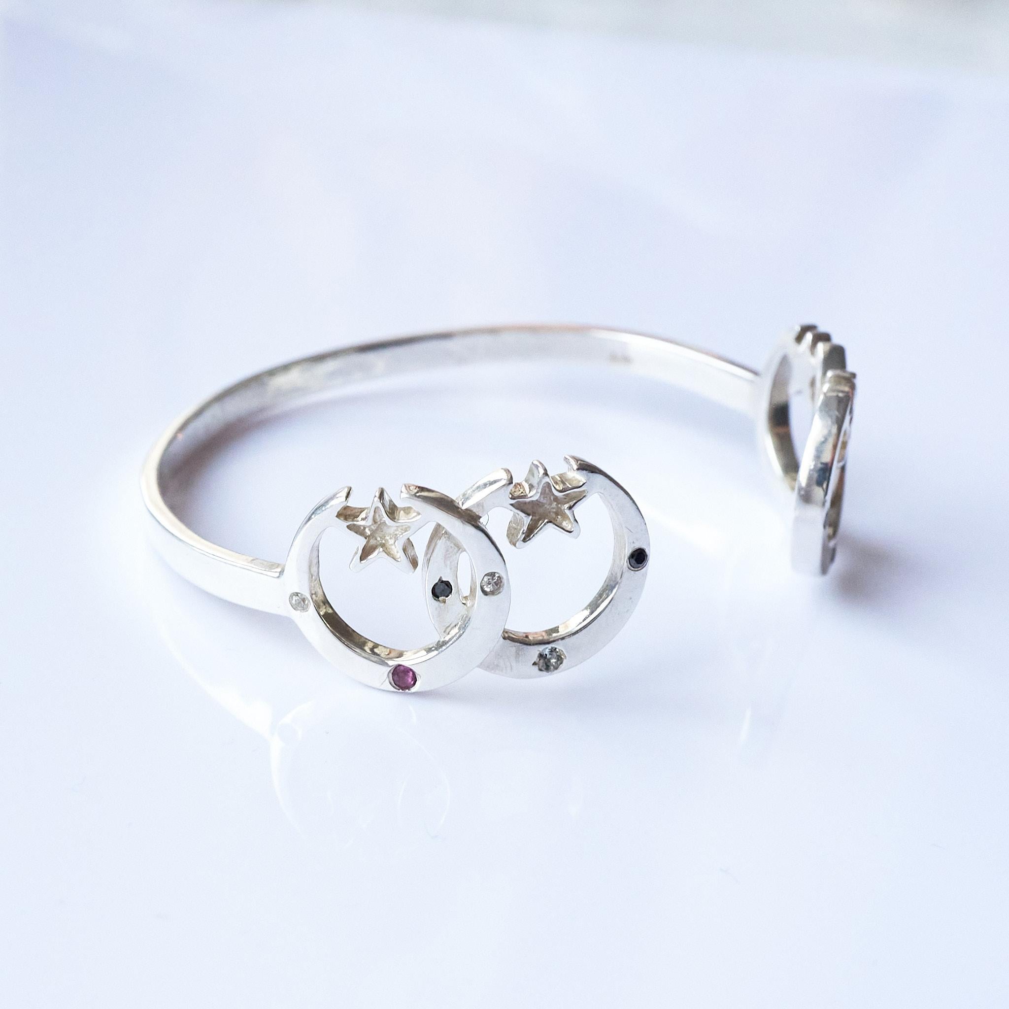 Bracelet étoile de lune Astrology Bracelet spirituel en argent, diamant noir et tourmaline Pour femmes en vente