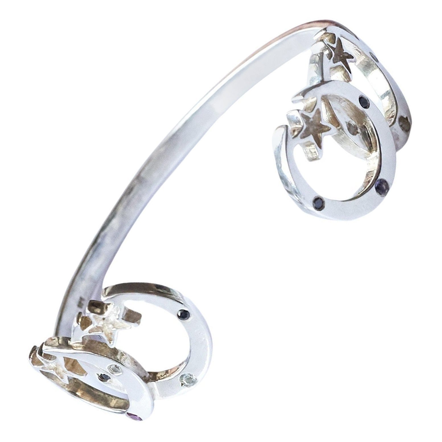 Bracelet étoile de lune Astrology Bracelet spirituel en argent, diamant noir et tourmaline en vente