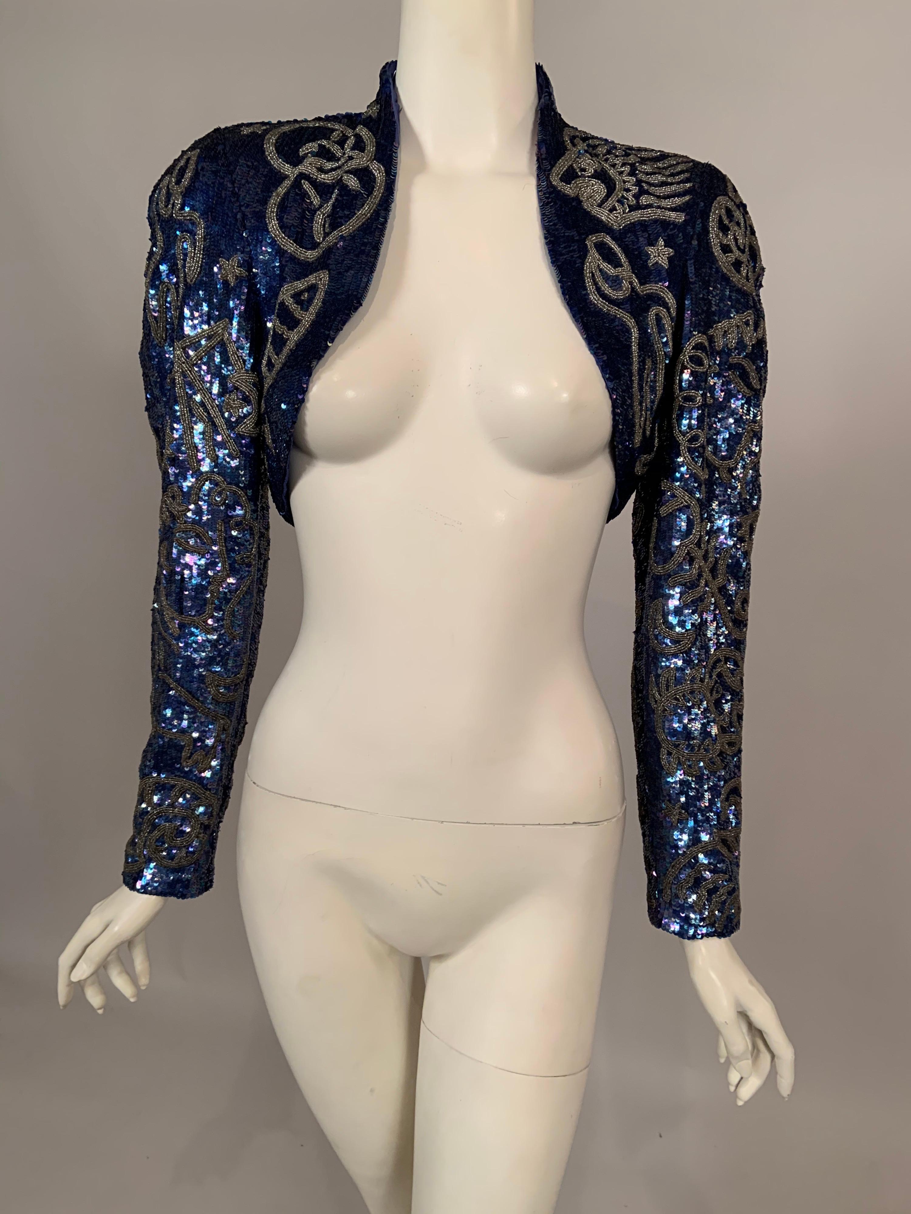 Astrology Themed Blue Sequin and Silver Beaded Bolero Michael Hoban In Excellent Condition In New Hope, PA