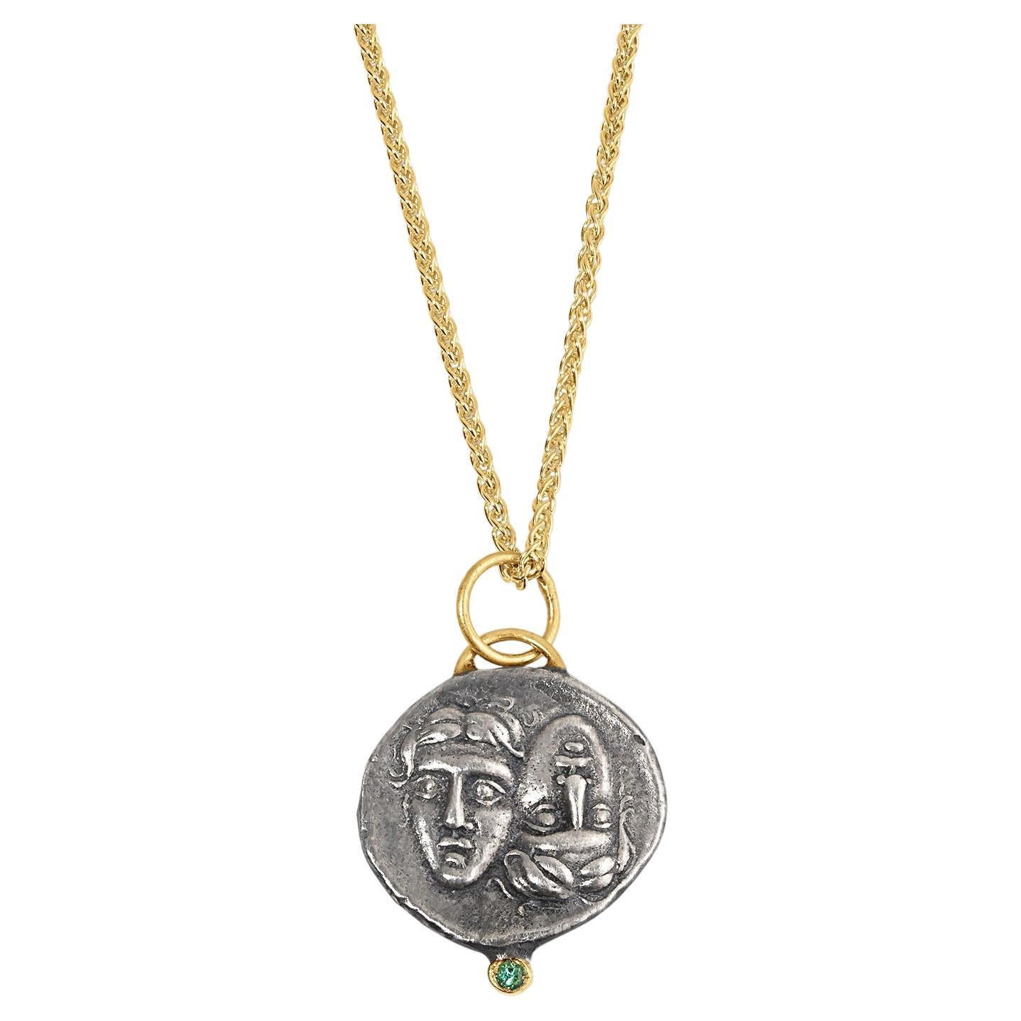 Astros Coin Charm Amulet Pendant Necklace with Emerald, 24kt Gold and Silver For Sale