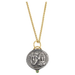 Astros Coin Charm Amulet Pendant Necklace with Emerald, 24kt Gold and Silver